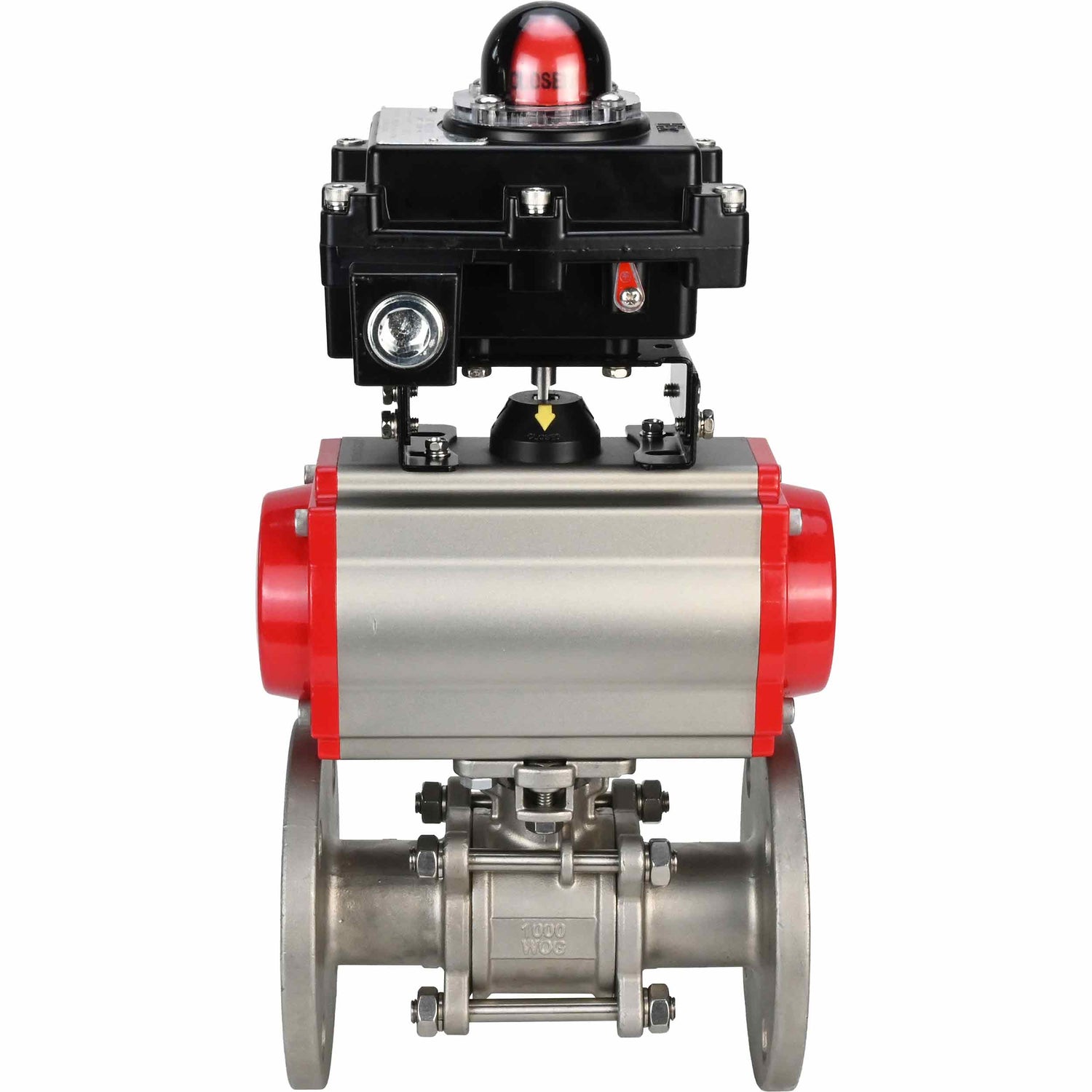 Stainless steel ball valve Elephant BVFPT-ISO,304,180 three-part, body material - stainless steel SS304, seal - PTFE, flanged, full port, pneumatic actuator Elephant SA, limit switch block APL-410N EX