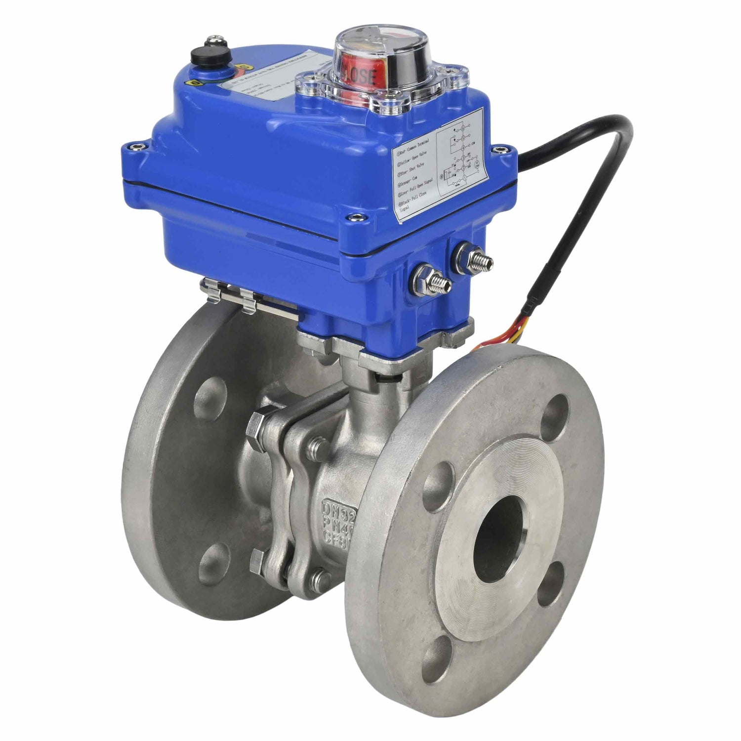 Stainless steel ball valve Elephant BV3232P-FP-F, body material - stainless steel AISI 316, seal - PTFE, full port, flanged, electric actuator Elephant 003 blue 24 V