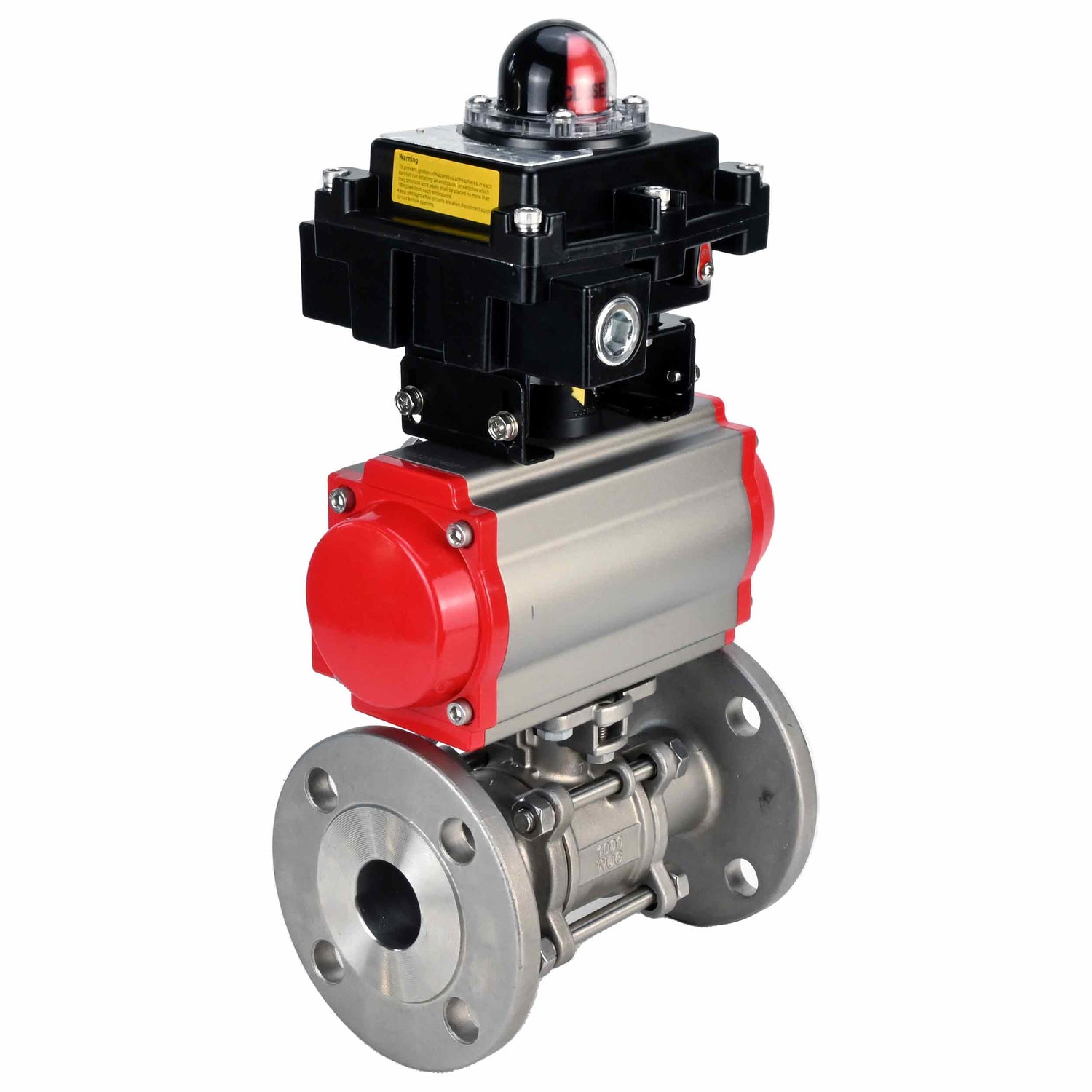 Stainless steel ball valve Elephant BVFPT-ISO,304,180 three-part, body material - stainless steel SS304, seal - PTFE, flanged, full port, pneumatic actuator Elephant DA, limit switch block APL-410N EX