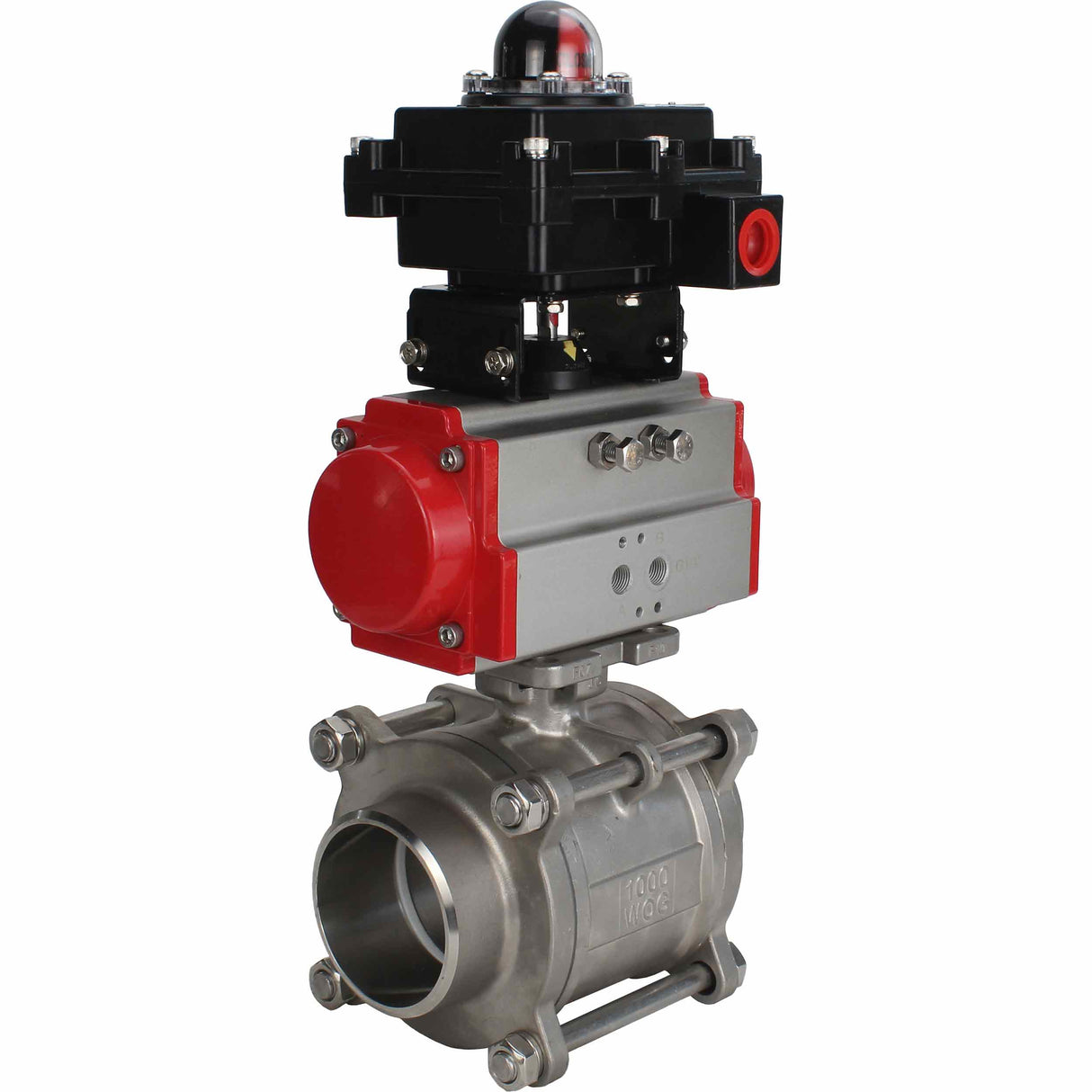 Stainless steel ball valve Elephant BVPP 316,200-ISO 63 bar SS316 full port, for welding, body material - stainless steel, pneumatic actuator Elephant DA, limit switch block APL-410N EX