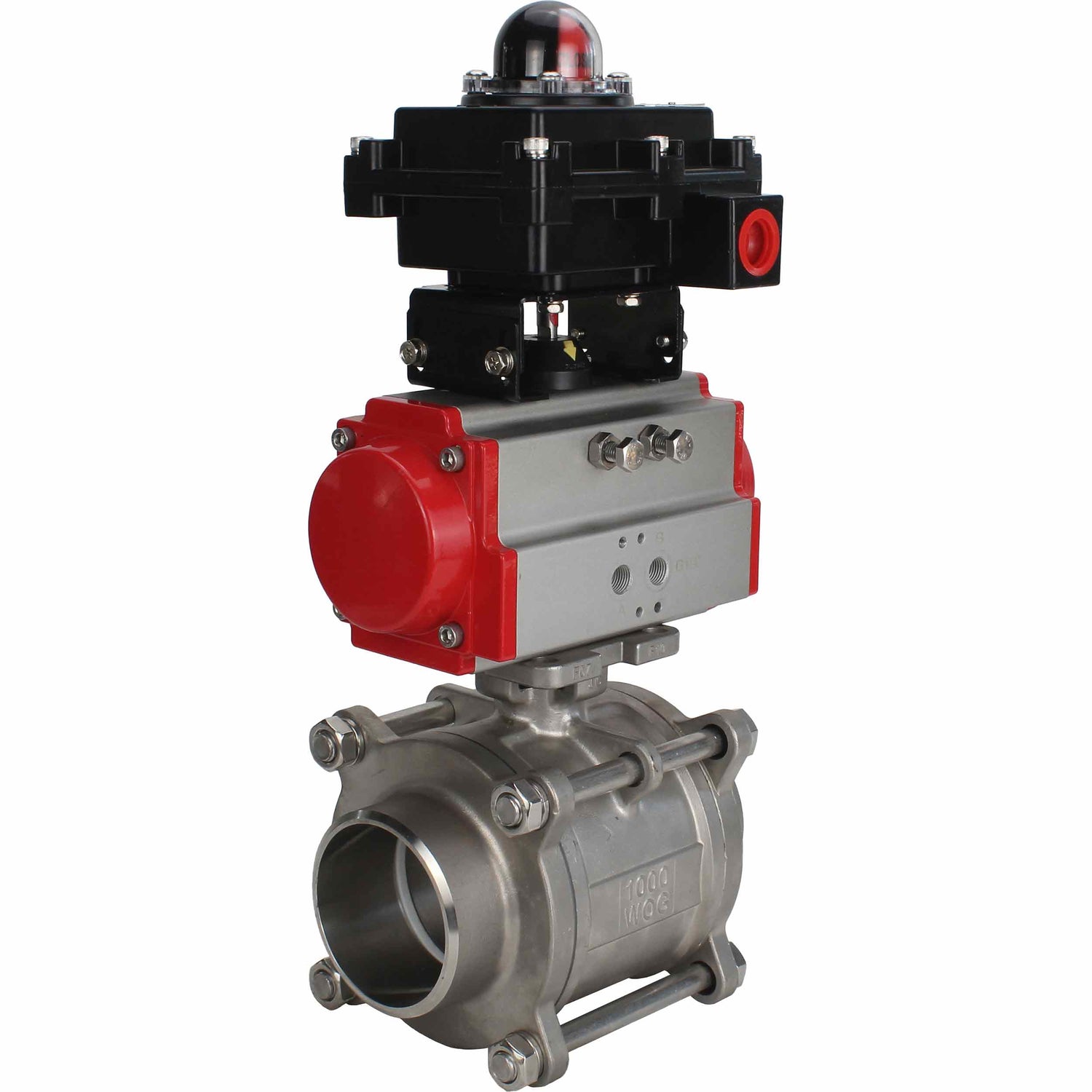 Stainless steel ball valve Elephant BVPP 316,200-ISO 63 bar SS316 full port, for welding, body material - stainless steel, pneumatic actuator Elephant DA, limit switch block APL-410N EX