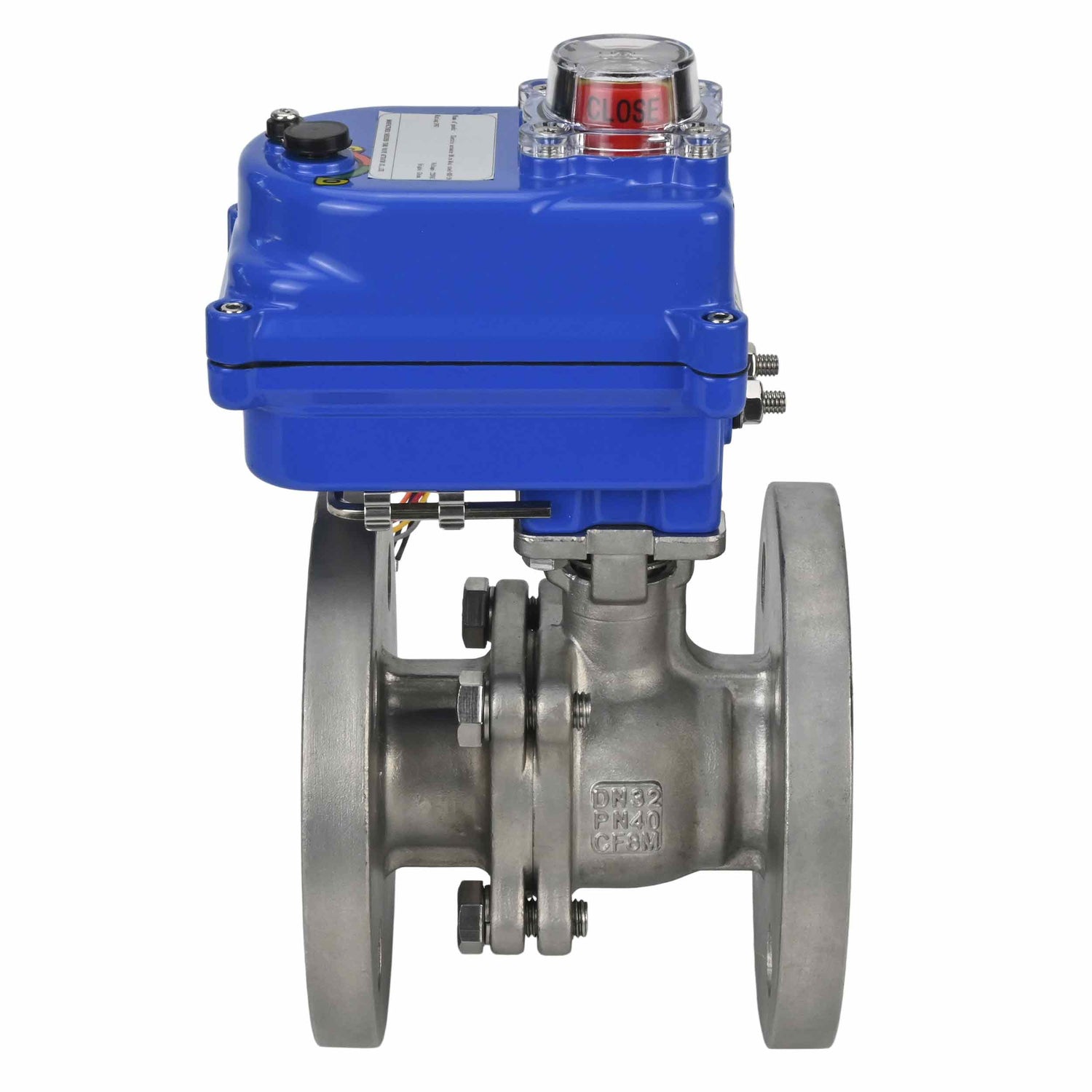 Stainless steel ball valve Elephant BV3232P-FP-F 40 bar, body material - stainless steel AISI 316, seal - PTFE, full port, flanged, electric actuator Elephant 003 blue 220 V