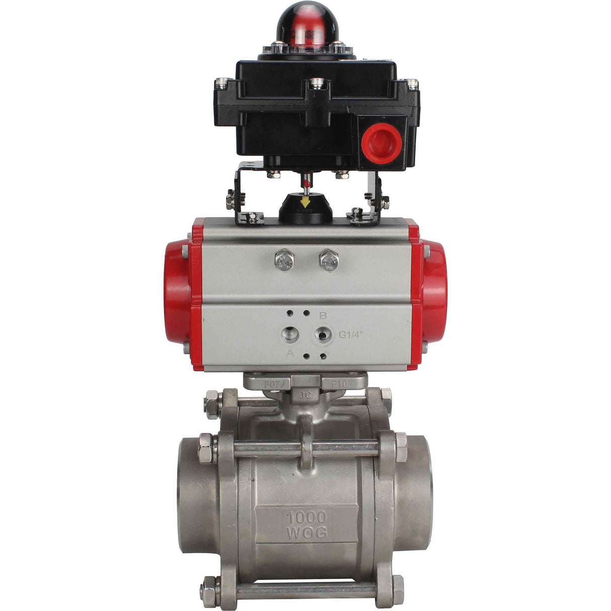Stainless steel ball valve Elephant BVPP 316,200-ISO 63 bar SS316 full port, for welding, body material - stainless steel, pneumatic actuator Elephant SA, limit switch block APL-410N EX