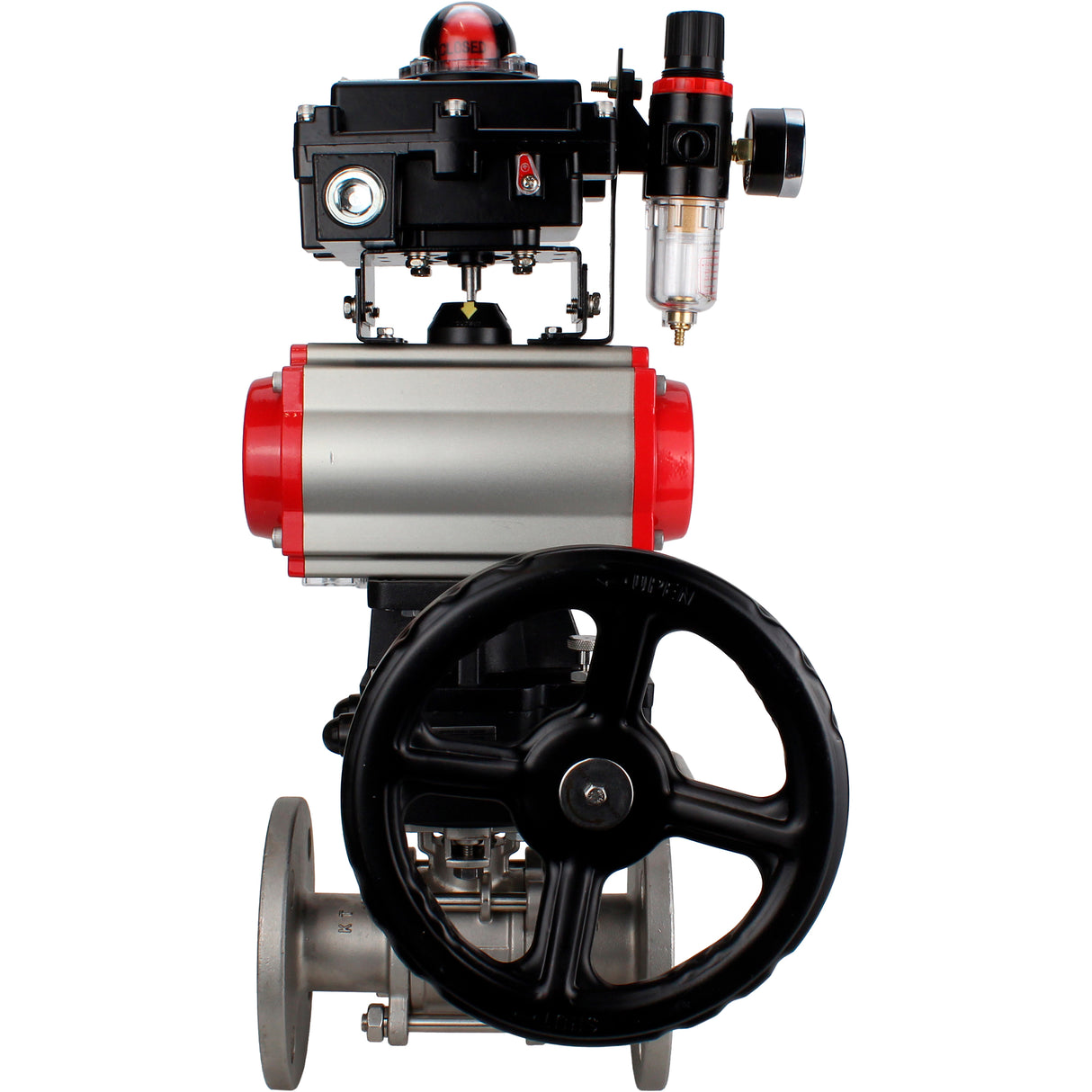 Ball valves Elephant BV3131P(3pc)-FP-F-ISO-H 16 bar, three-piece full bore flanged, stainless steel SS304, PTFE, with pneumatic drive PA-DA, with pneumatic distributor 4M310-08 220V, with LSU APL- 410N EX, with manual Doubler MON1-250-T26-ISO, with ATU AF