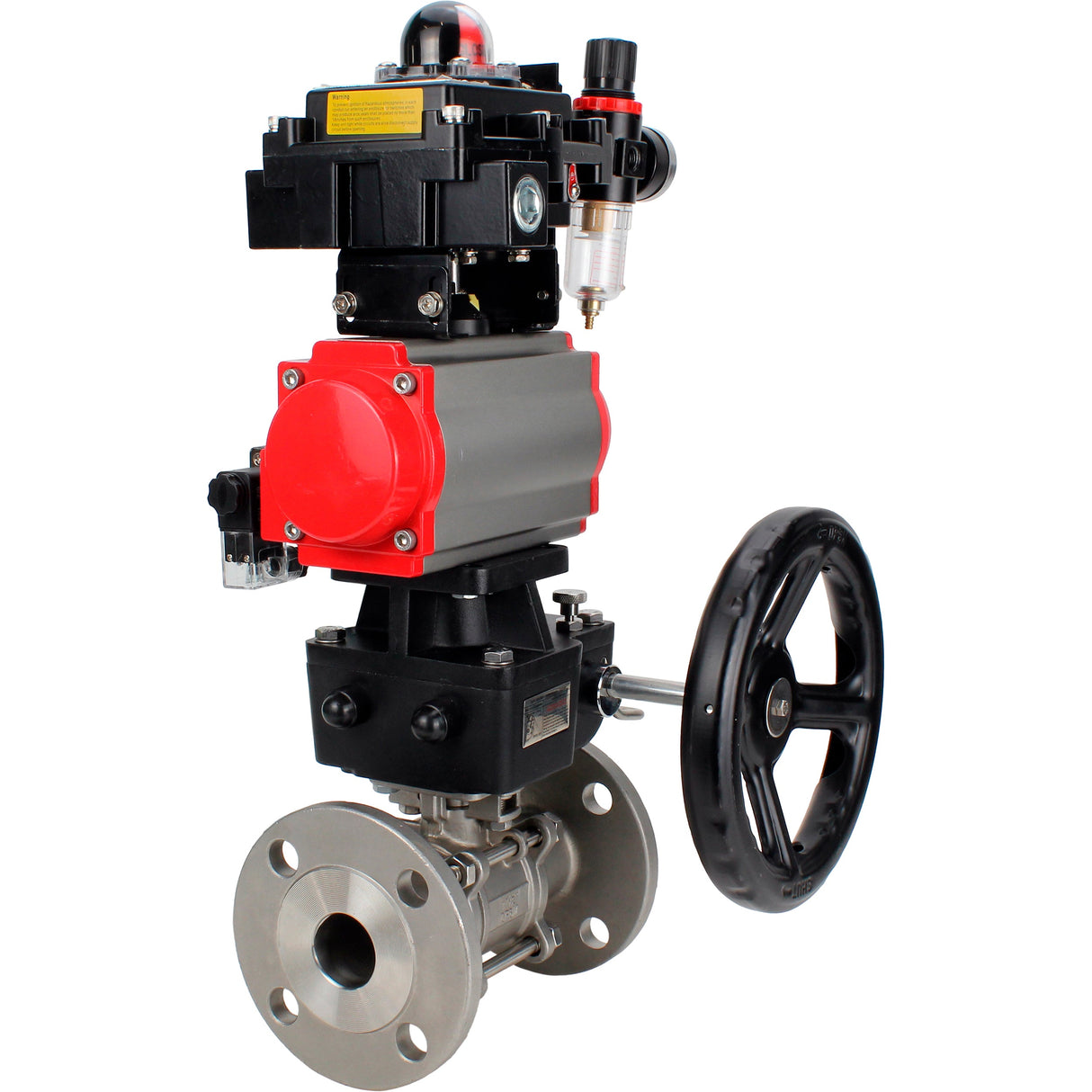 Ball valves Elephant BV3131P(3pc)-FP-F-ISO-H 16 bar, three-piece full bore flanged, stainless steel SS304, PTFE, with pneumatic drive PA-DA, with pneumatic distributor 4M310-08 220V, with LSU APL- 410N EX, with manual Doubler MON1-250-T26-ISO, with ATU AF