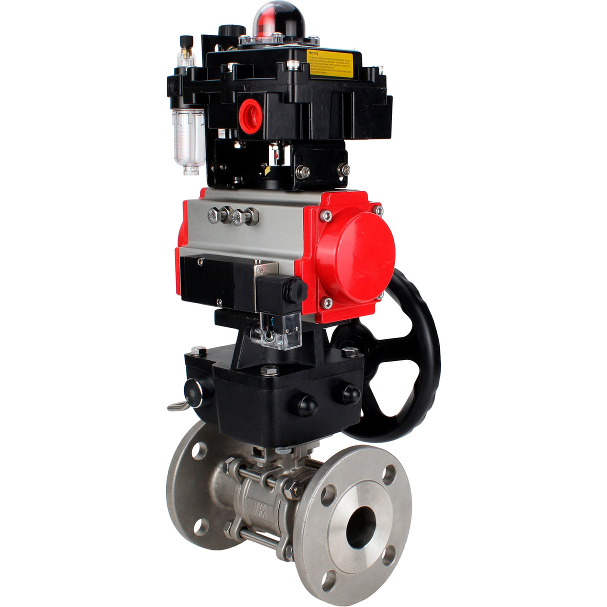 Ball valves Elephant BV3131P(3pc)-FP-F-ISO-H 16 bar, three-piece full bore flanged, stainless steel SS304, PTFE, with pneumatic drive PA-DA, with pneumatic distributor 4M310-08 220V, with LSU APL- 410N EX, with manual Doubler MON1-250-T26-ISO, with ATU AF