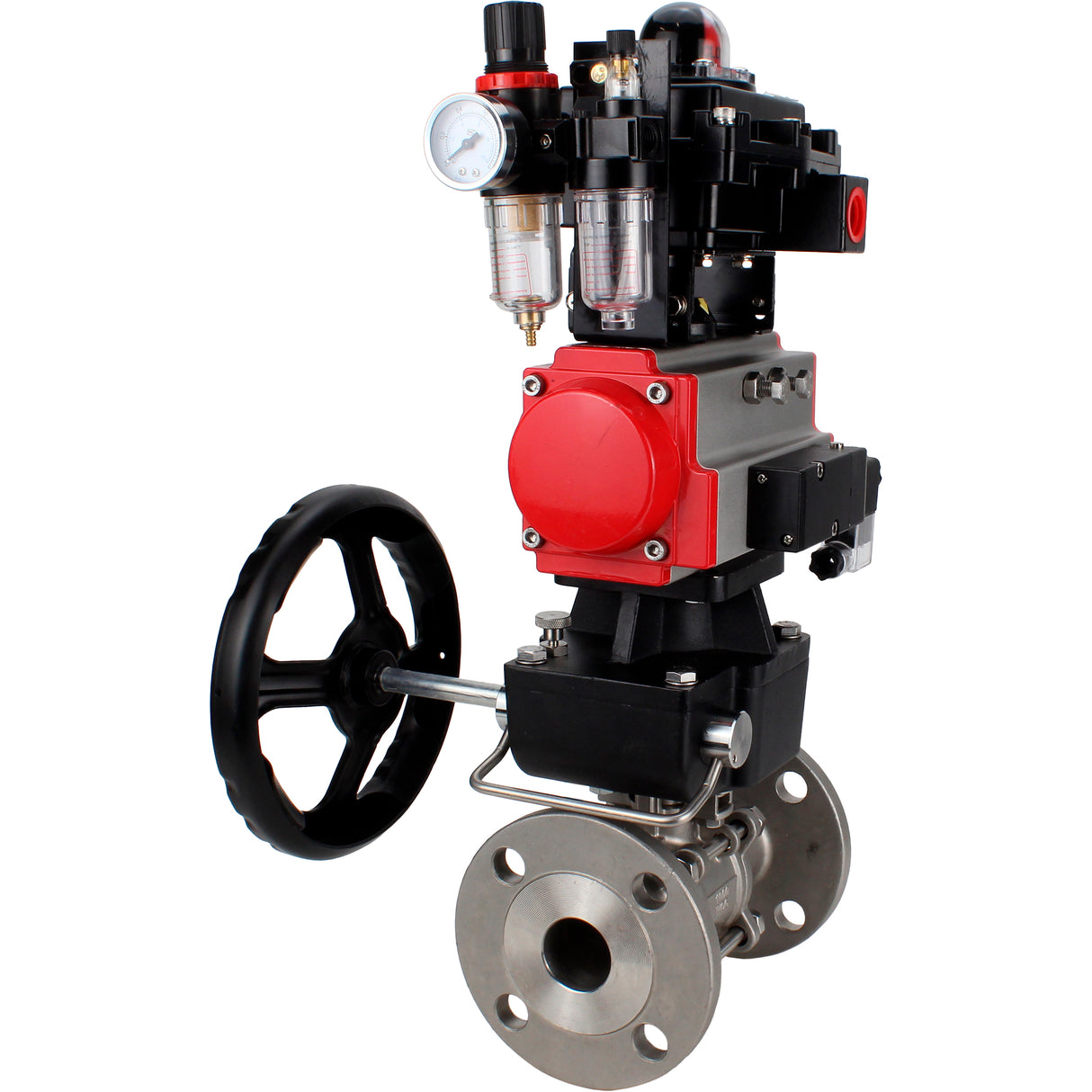 Ball valves Elephant BV3131P(3pc)-FP-F-ISO-H 16 bar, three-piece full bore flanged, stainless steel SS304, PTFE, with pneumatic drive PA-DA, with pneumatic distributor 4M310-08 220V, with LSU APL- 410N EX, with manual Doubler MON1-250-T26-ISO, with ATU AF