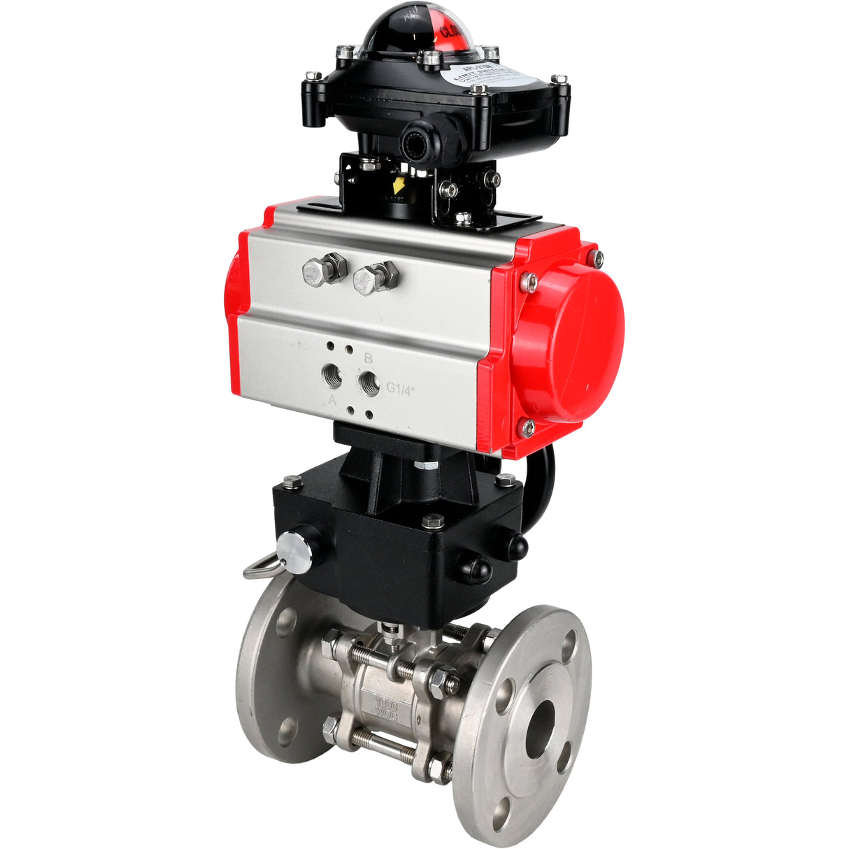 Stainless steel ball valve Elephant ksfpt-304-180-da-apl210n-hdm, body material - stainless steel AISI 304, ball material - stainless steel AISI 304, seal - PTFE, pneumatic actuator operated