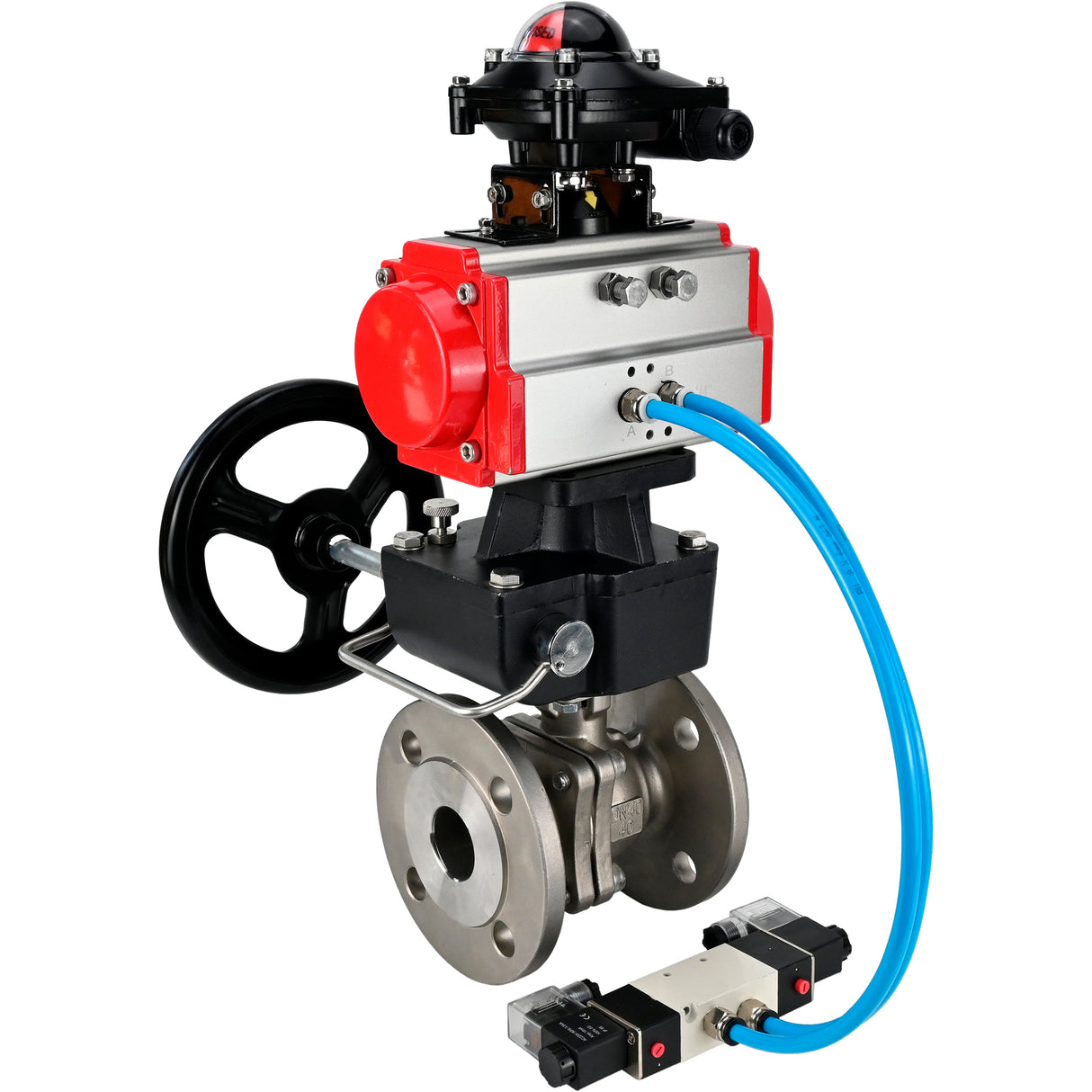 Ball valves Elephant BV3232P(2pc)-FP-F-ISO-H DN15-300 16 bar/16, full bore flanged, stainless steel SS316, seal - PTFE, with double-acting PA-DA pneumatic actuator, with pneumatic distributor 4V320-08 220V, with LSU APL-210N, with manual Doubler MON