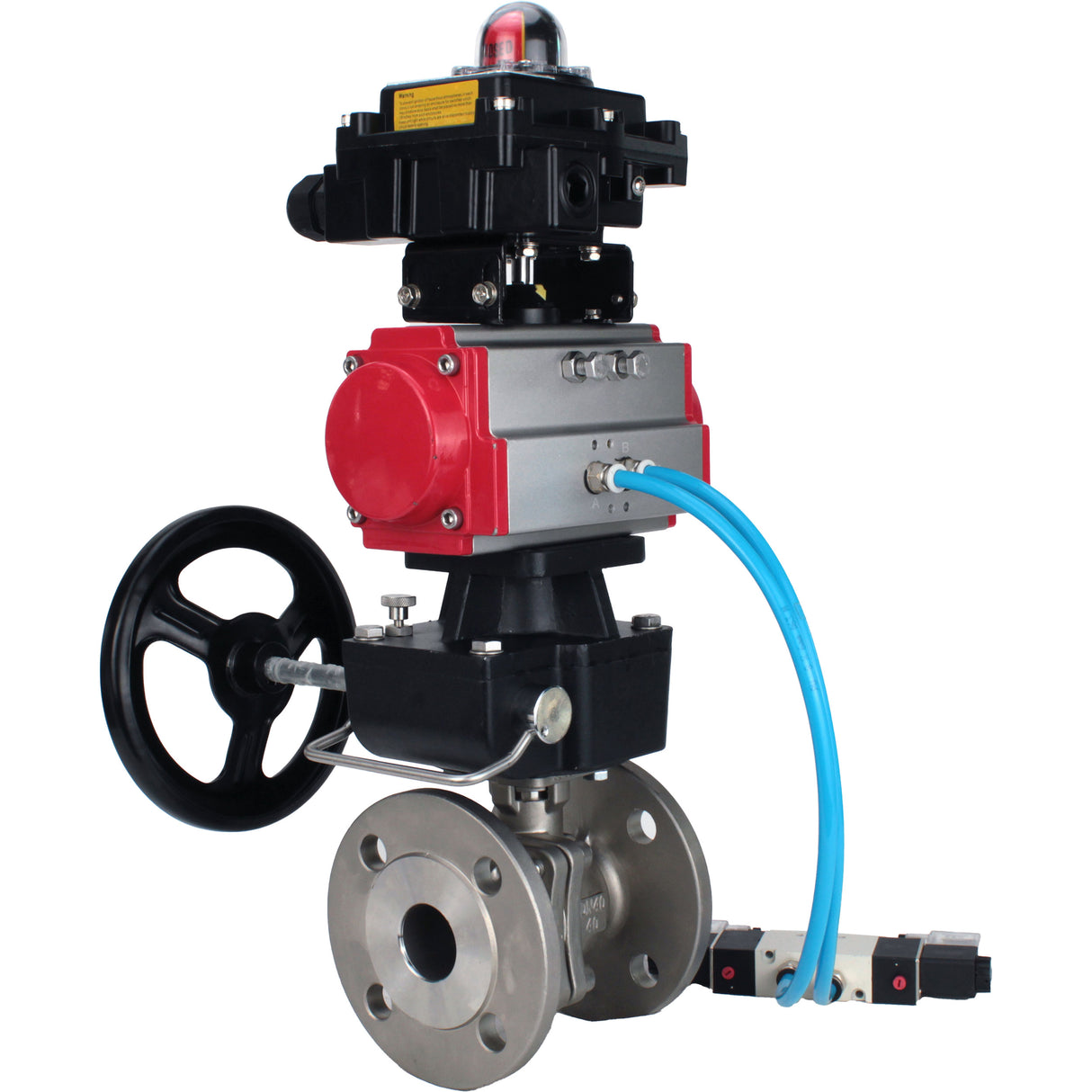 Ball valves Elephant BV3232P(2pc)-FP-F-ISO-H, full bore flanged, stainless steel SS316, PTFE, with double-acting PA-DA pneumatic actuator, with pneumatic distributor 4V320-08 220V, with LSU APL -410N EX, with manual Doubler MON