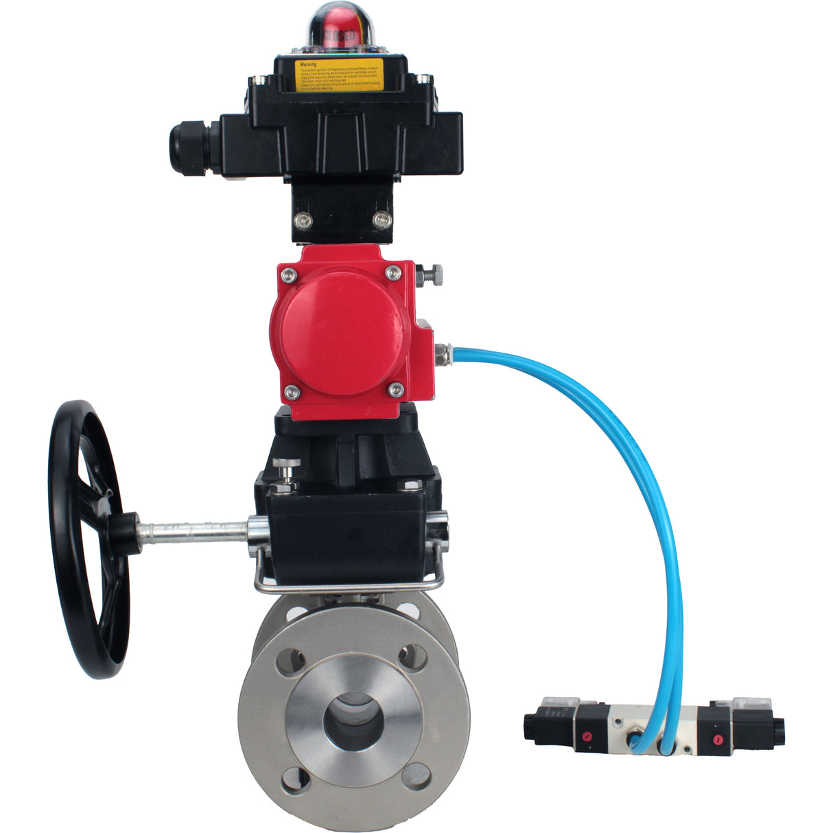 Ball valves Elephant BV3232P(2pc)-FP-F-ISO-H, full bore flanged, stainless steel SS316, PTFE, with double-acting PA-DA pneumatic actuator, with pneumatic distributor 4V320-08 220V, with LSU APL -410N EX, with manual Doubler MON