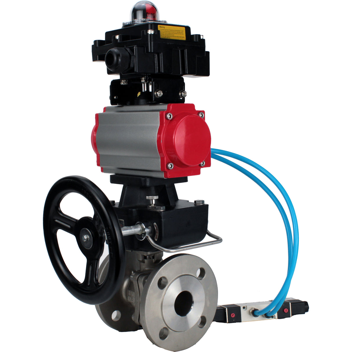 Ball valves Elephant BV3232P(2pc)-FP-F-ISO-H, full bore flanged, stainless steel SS316, PTFE, with double-acting PA-DA pneumatic actuator, with pneumatic distributor 4V320-08 220V, with LSU APL -410N EX, with manual Doubler MON