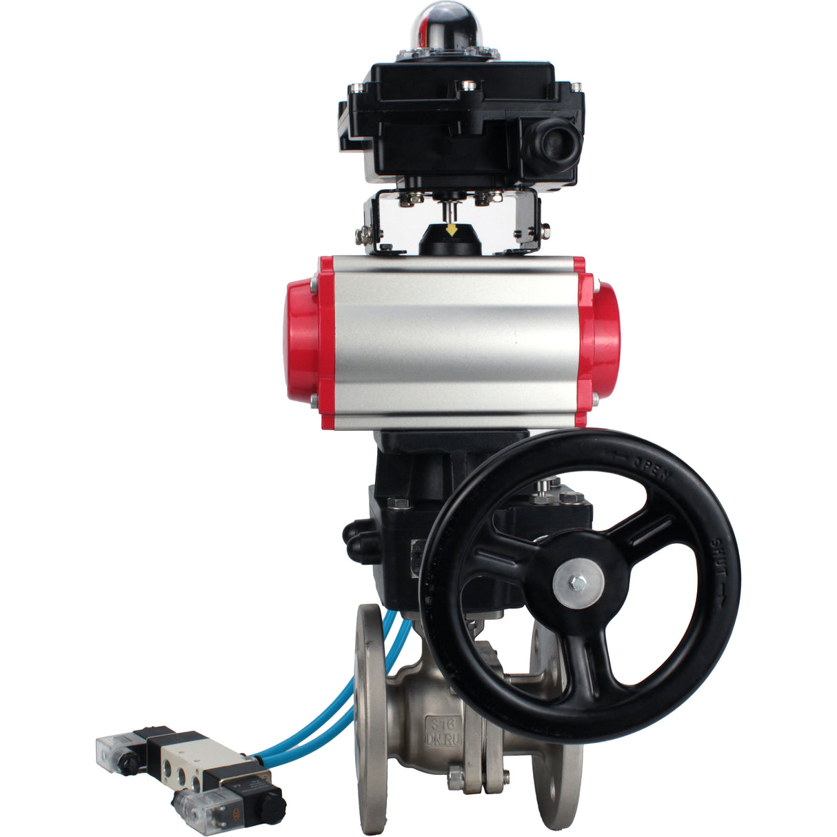 Ball valves Elephant BV3232P(2pc)-FP-F-ISO-H, full bore flanged, stainless steel SS316, PTFE, with double-acting PA-DA pneumatic actuator, with pneumatic distributor 4V320-08 220V, with LSU APL -410N EX, with manual Doubler MON