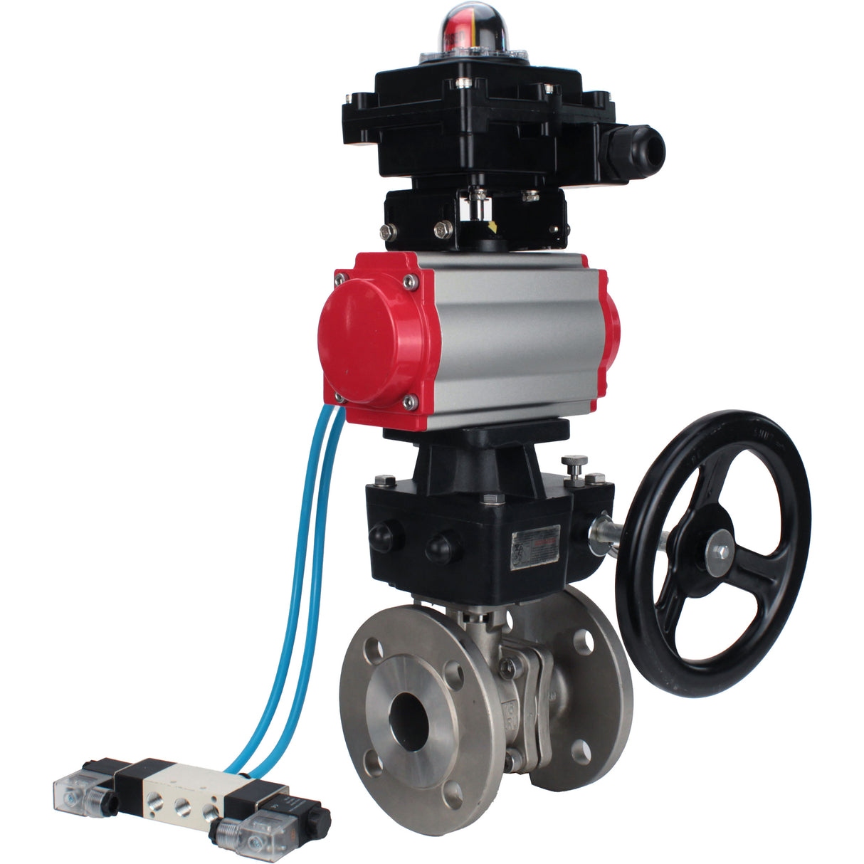 Ball valves Elephant BV3232P(2pc)-FP-F-ISO-H, full bore flanged, stainless steel SS316, PTFE, with double-acting PA-DA pneumatic actuator, with pneumatic distributor 4V320-08 220V, with LSU APL -410N EX, with manual Doubler MON