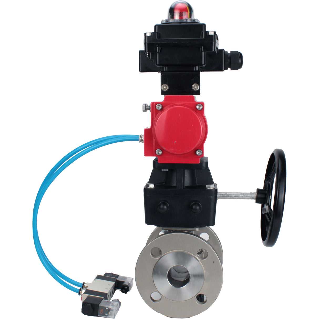 Ball valves Elephant BV3232P(2pc)-FP-F-ISO-H, full bore flanged, stainless steel SS316, PTFE, with double-acting PA-DA pneumatic actuator, with pneumatic distributor 4V320-08 220V, with LSU APL -410N EX, with manual Doubler MON