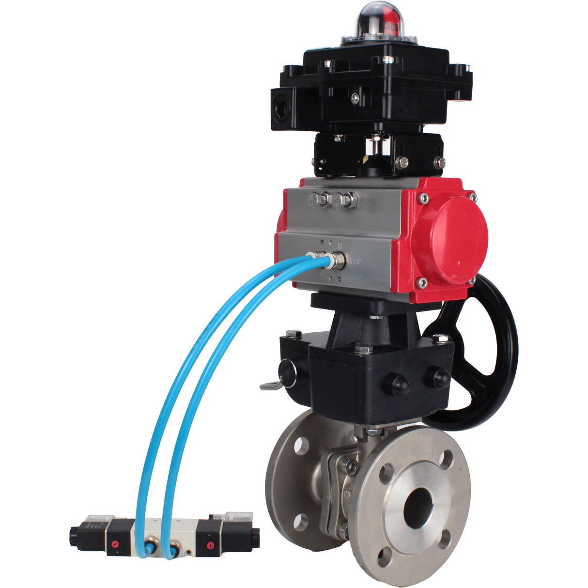 Ball valves Elephant BV3232P(2pc)-FP-F-ISO-H, full bore flanged, stainless steel SS316, PTFE, with double-acting PA-DA pneumatic actuator, with pneumatic distributor 4V320-08 220V, with LSU APL -410N EX, with manual Doubler MON