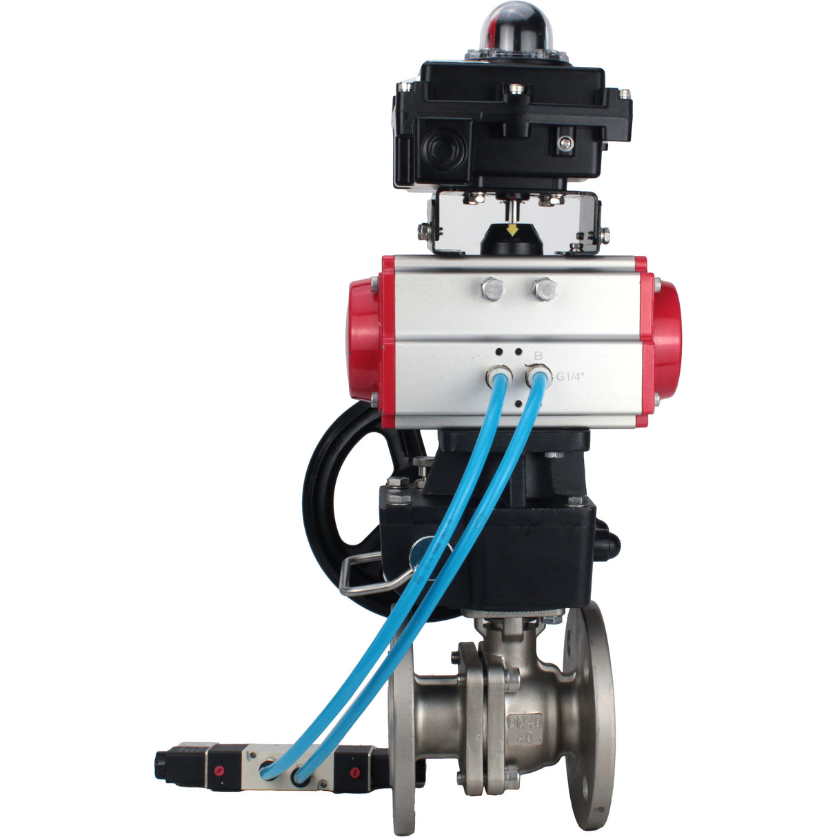 Ball valves Elephant BV3232P(2pc)-FP-F-ISO-H, full bore flanged, stainless steel SS316, PTFE, with double-acting PA-DA pneumatic actuator, with pneumatic distributor 4V320-08 220V, with LSU APL -410N EX, with manual Doubler MON