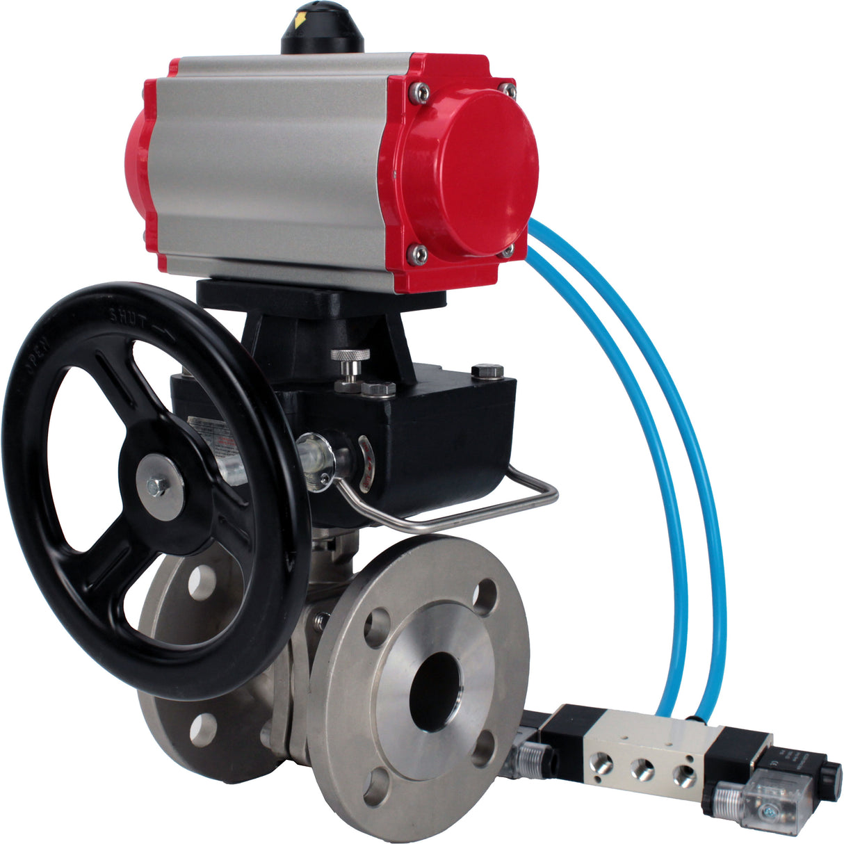 Ball valves Elephant BV3232P(2pc)-FP-F-ISO-H DN15-300 16 bar/16, full bore flanged, stainless steel SS316, seal - PTFE, with double-acting PA-DA pneumatic actuator, with pneumatic distributor 4V320-08 220V, with manual Doubler MON