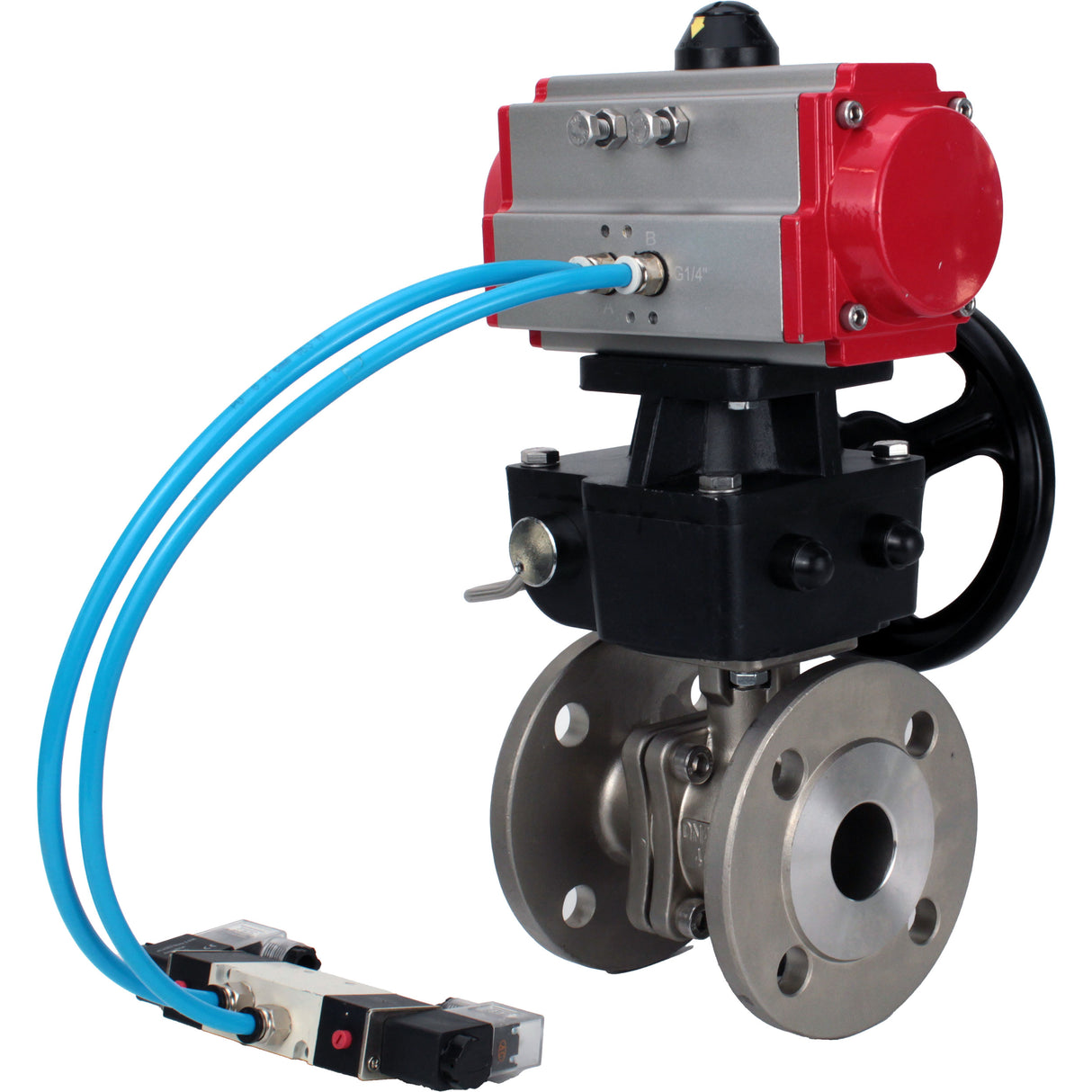 Ball valves Elephant BV3232P(2pc)-FP-F-ISO-H DN15-300 16 bar/16, full bore flanged, stainless steel SS316, seal - PTFE, with double-acting PA-DA pneumatic actuator, with pneumatic distributor 4V320-08 220V, with manual Doubler MON