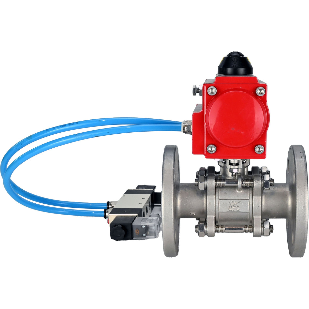 Ball valves Elephant BV3131P(3pc)-FP-F-ISO-H 16 bar, three-piece full bore flanged, stainless steel SS304, seal - PTFE, with pneumatic actuator PA-SA with return springs, with pneumatic distributor 4V320-10 220V