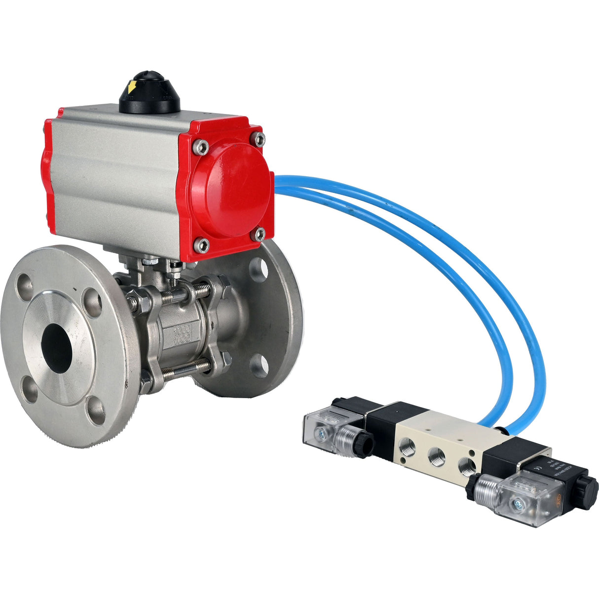 Ball valves Elephant BV3232P(3pc)-FP-F-ISO-H 16 bar, three-piece full bore flanged, stainless steel SS304, seal - PTFE, with double-acting PA-DA pneumatic actuator, with pneumatic distributor 4V320-08 220V