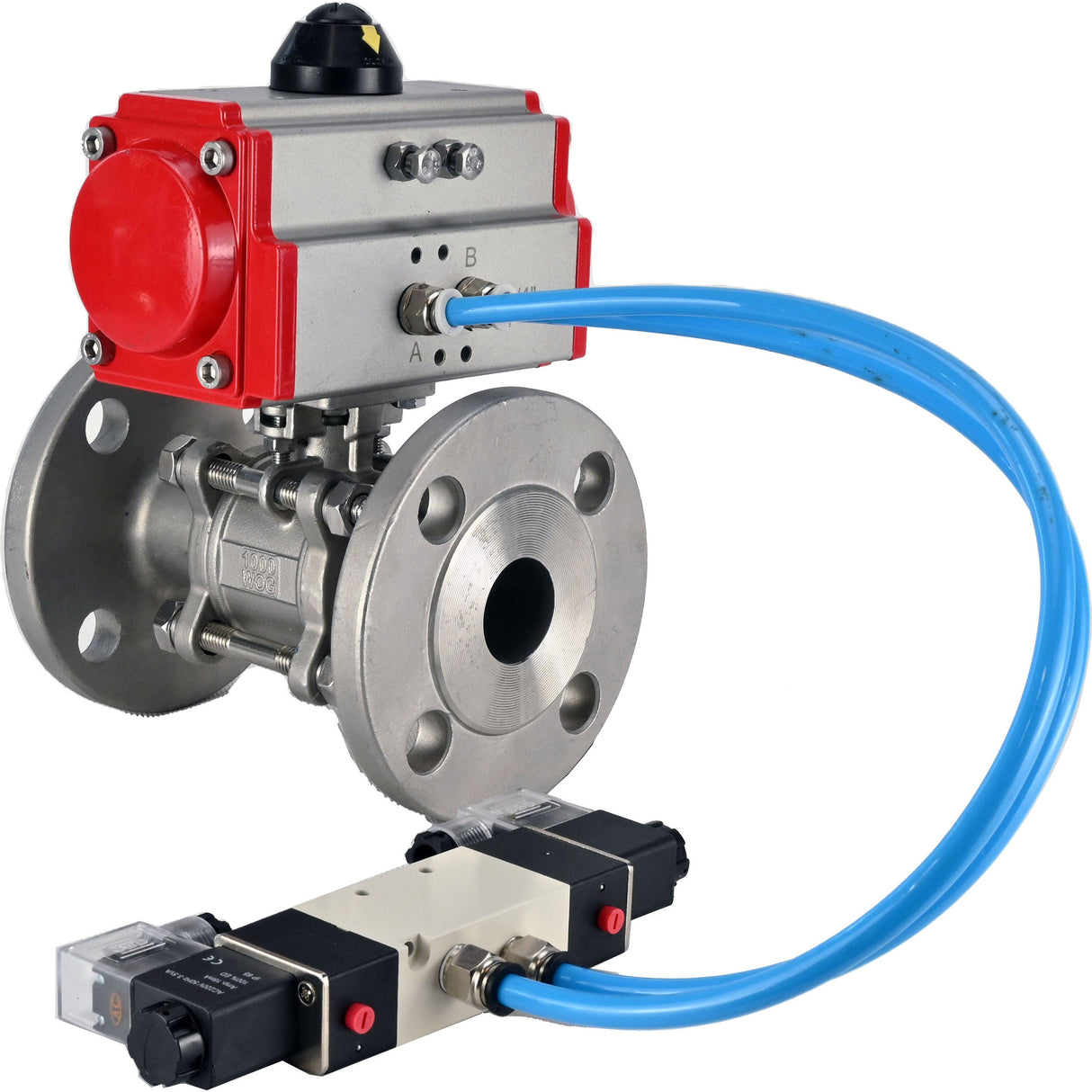 Ball valves Elephant BV3131P(3pc)-FP-F-ISO-H 16 bar, three-piece full bore flanged, stainless steel SS304, seal - PTFE, with pneumatic actuator PA-SA with return springs, with pneumatic distributor 4V320-10 220V