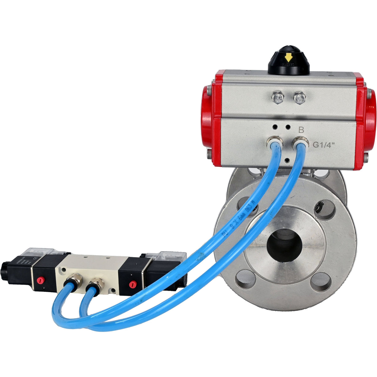 Ball valves Elephant BV3131P(3pc)-FP-F-ISO-H 16 bar, three-piece full bore flanged, stainless steel SS304, seal - PTFE, with double-acting PA-DA pneumatic actuator, with pneumatic distributor 4V320-10 220V