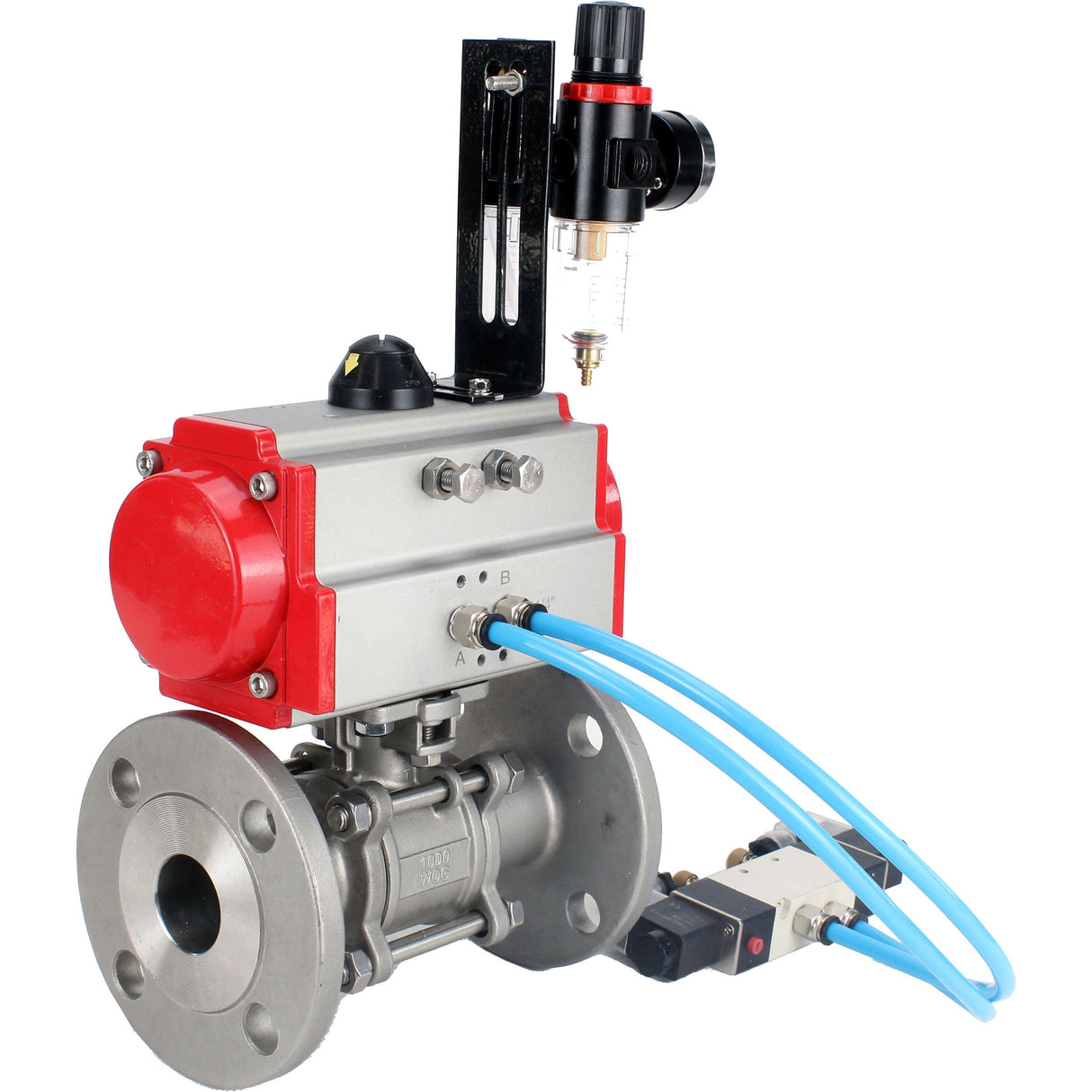 Ball valves Elephant BV3232P(3pc)-FP-F-ISO-H 16 bar, three-piece full bore flanged, stainless steel SS304, seal - PTFE, with double-acting PA-DA pneumatic actuator, with pneumatic distributor 4V320-10 220V, with ATU AFC2000