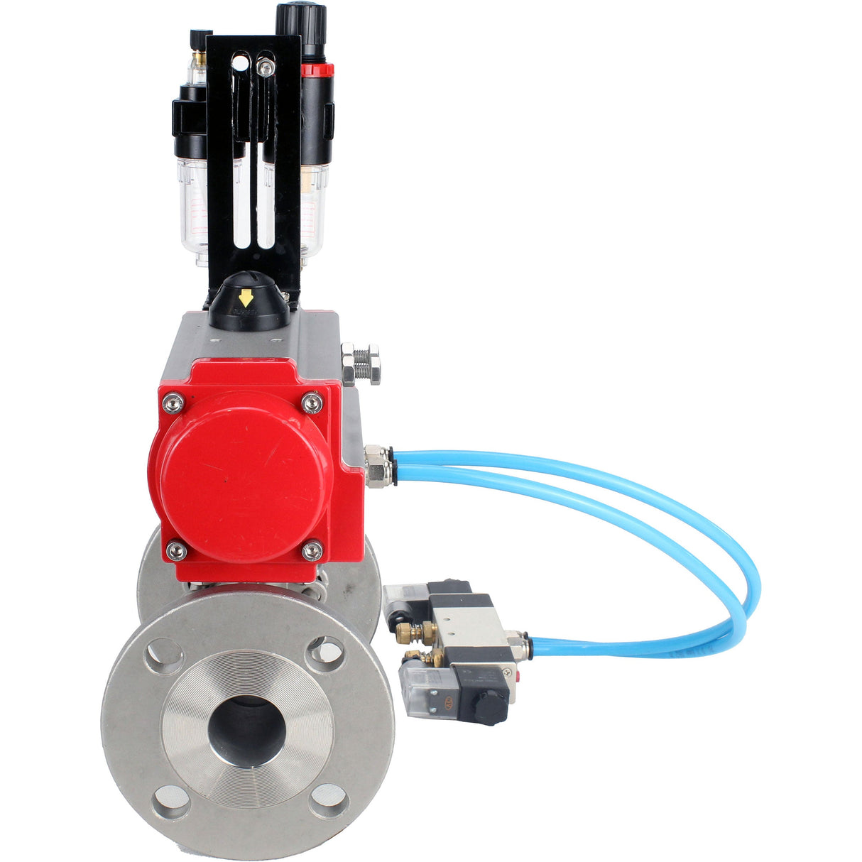 Ball valves Elephant BV3131P(3pc)-FP-F-ISO-H 16 bar, three-piece full bore flanged, stainless steel SS304, seal - PTFE, with pneumatic actuator PA-SA with return springs, with pneumatic distributor 4V320-10 220V, with GSV AFC2000