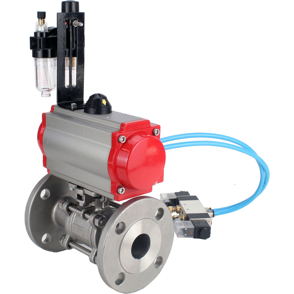 Ball valves Elephant BV3131P(3pc)-FP-F-ISO-H 16 bar, three-piece full bore flanged, stainless steel SS304, seal - PTFE, with pneumatic actuator PA-SA with return springs, with pneumatic distributor 4V320-08 220V, with GSV AFC2000