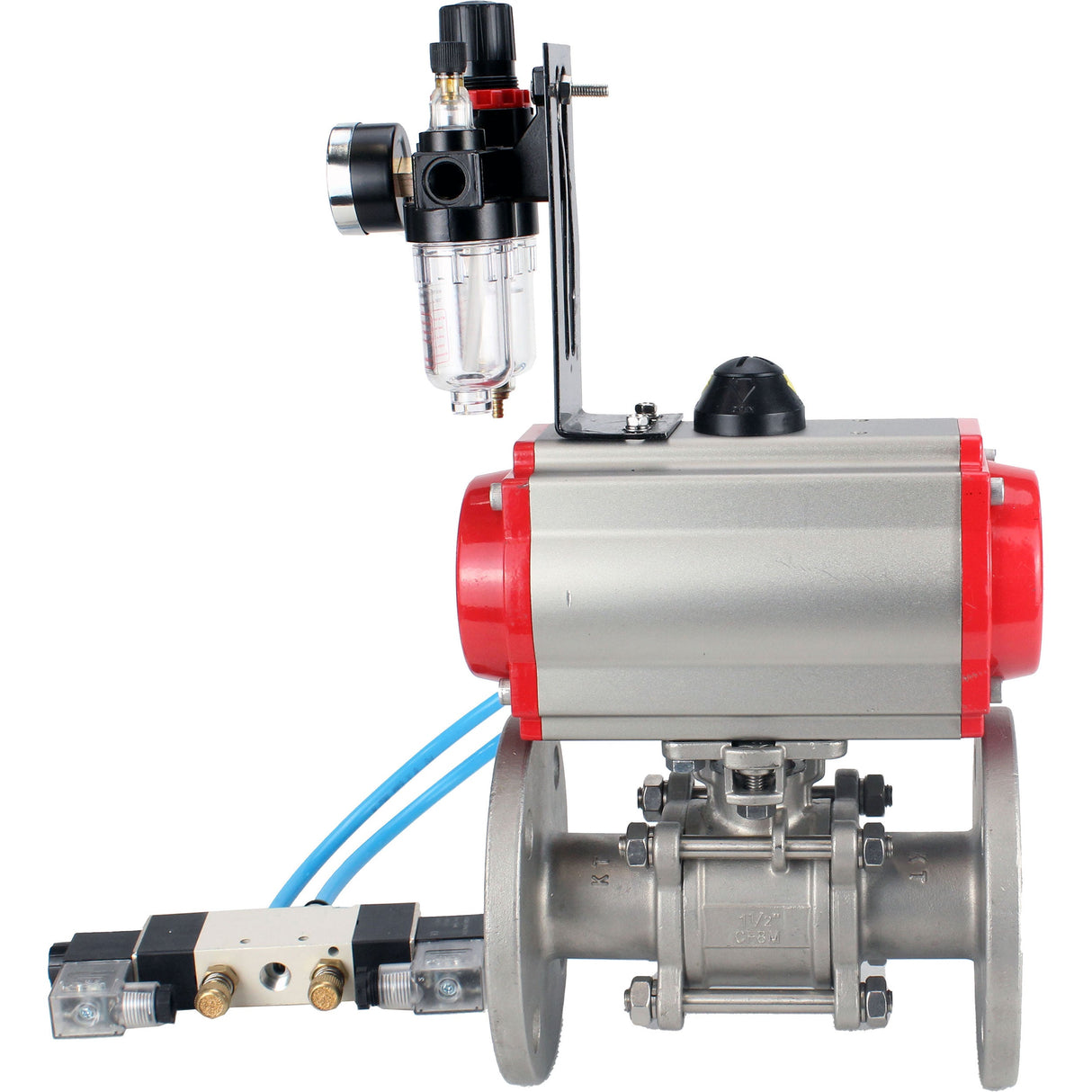 Ball valves Elephant BV3131P(3pc)-FP-F-ISO-H 16 bar, three-piece full bore flanged, stainless steel SS304, seal - PTFE, with pneumatic actuator PA-SA with return springs, with pneumatic distributor 4V320-10 220V, with GSV AFC2000