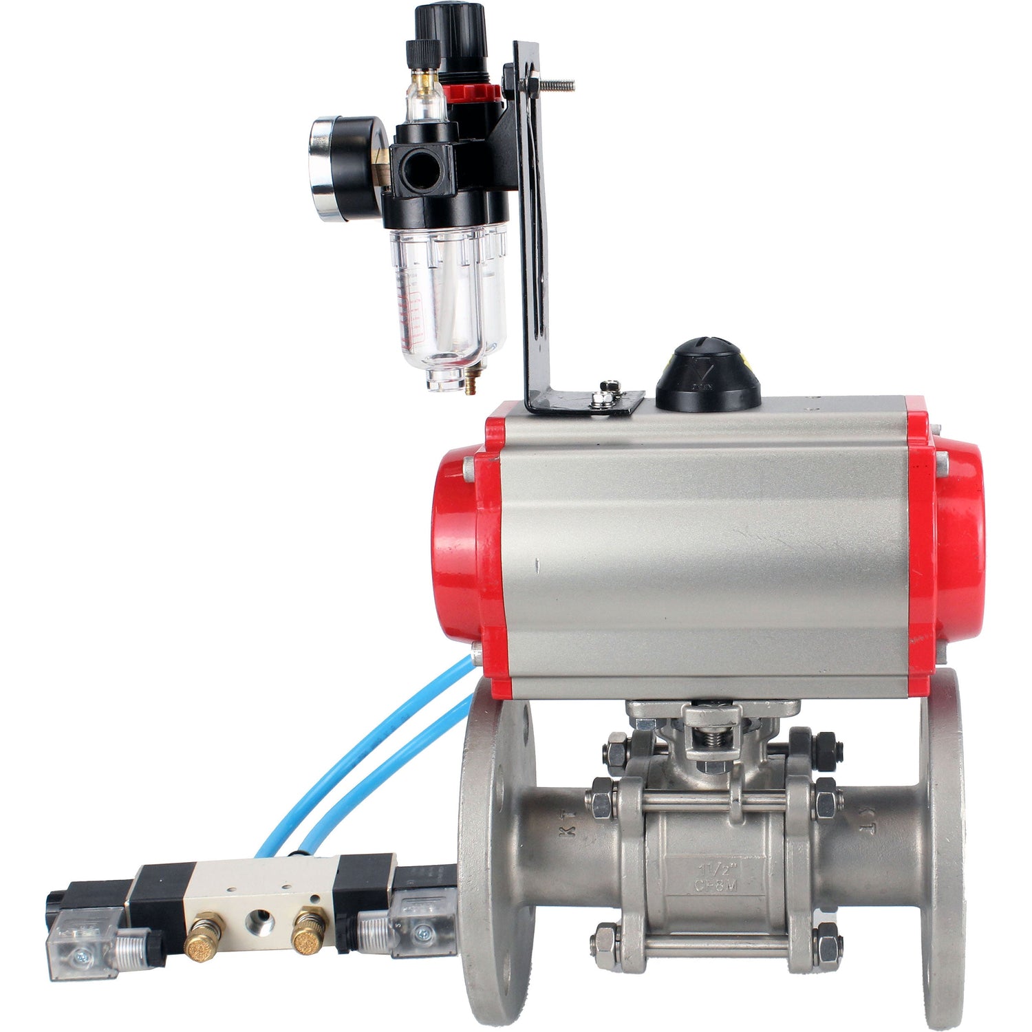 Ball valves Elephant BV3232P(3pc)-FP-F-ISO-H 16 bar, three-piece full bore flanged, stainless steel SS304, seal - PTFE, with pneumatic actuator PA-SA with return springs, with pneumatic distributor 4V320-08 220V, with GSV AFC2000