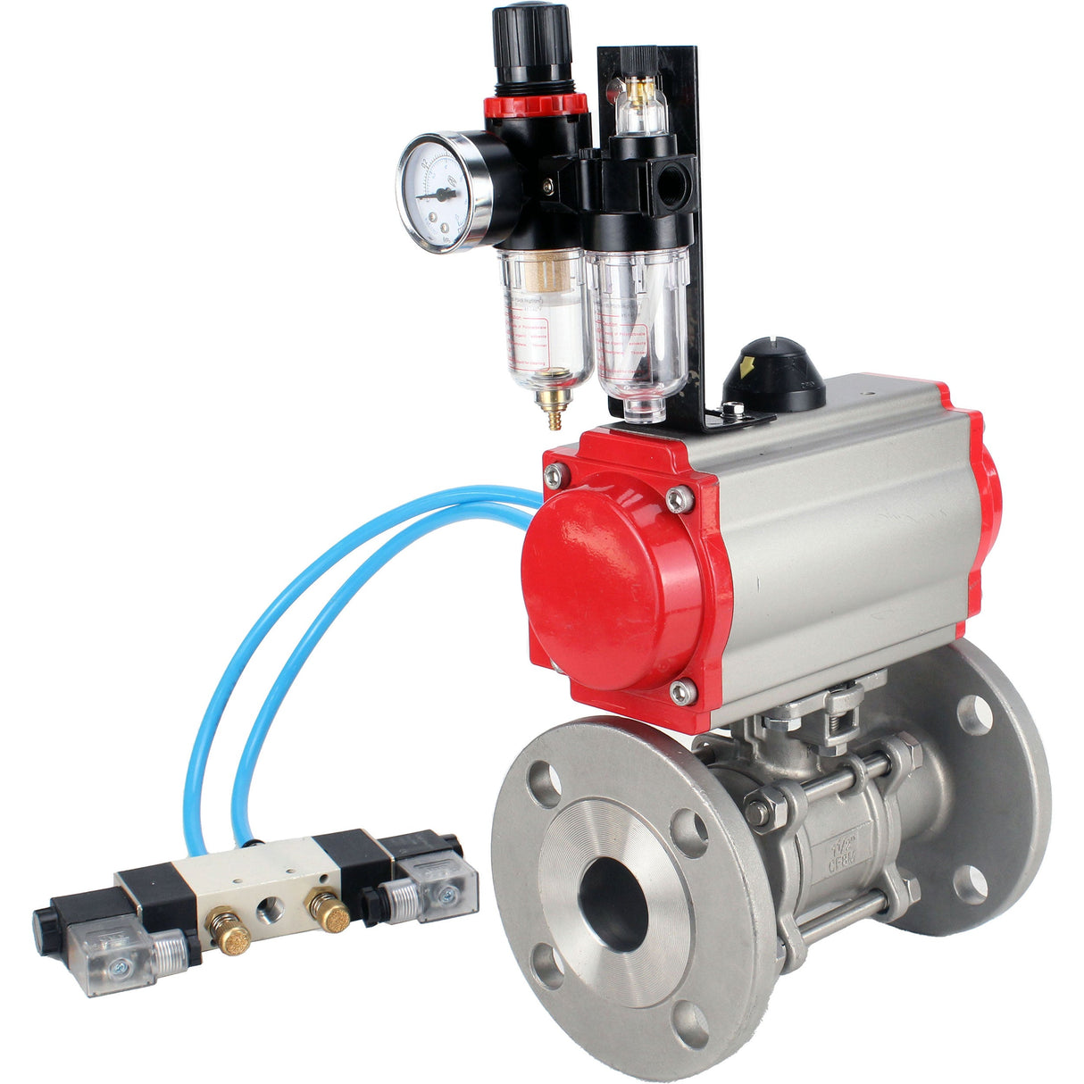 Ball valves Elephant BV3232P(3pc)-FP-F-ISO-H 16 bar, three-piece full bore flanged, stainless steel SS304, seal - PTFE, with double-acting PA-DA pneumatic actuator, with pneumatic distributor 4V320-08 220V, with ATU AFC2000