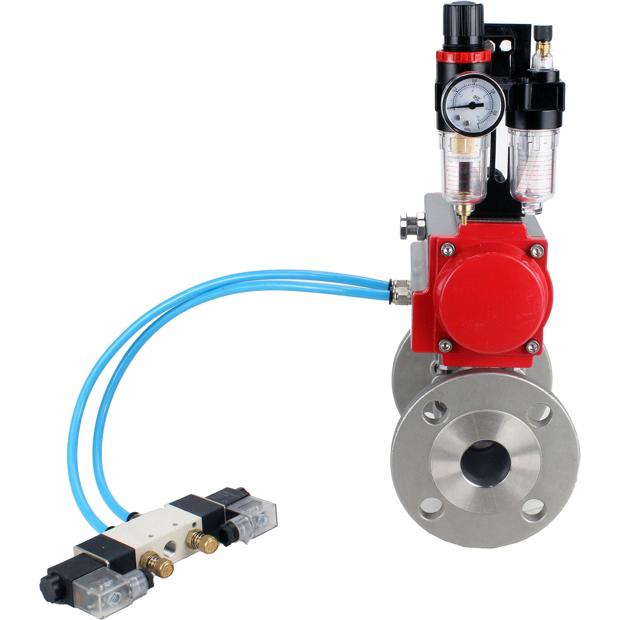 Ball valves Elephant BV3131P(3pc)-FP-F-ISO-H 16 bar, three-piece full bore flanged, stainless steel SS304, seal - PTFE, with pneumatic actuator PA-SA with return springs, with pneumatic distributor 4V320-08 220V, with GSV AFC2000