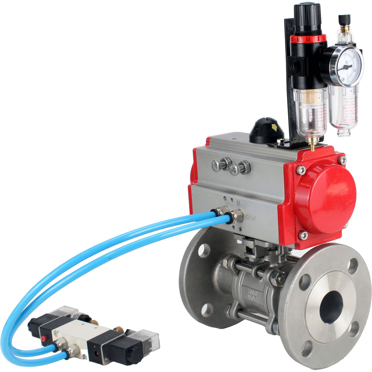 Ball valves Elephant BV3131P(3pc)-FP-F-ISO-H 16 bar, three-piece full bore flanged, stainless steel SS304, seal - PTFE, with pneumatic actuator PA-SA with return springs, with pneumatic distributor 4V320-10 220V, with GSV AFC2000
