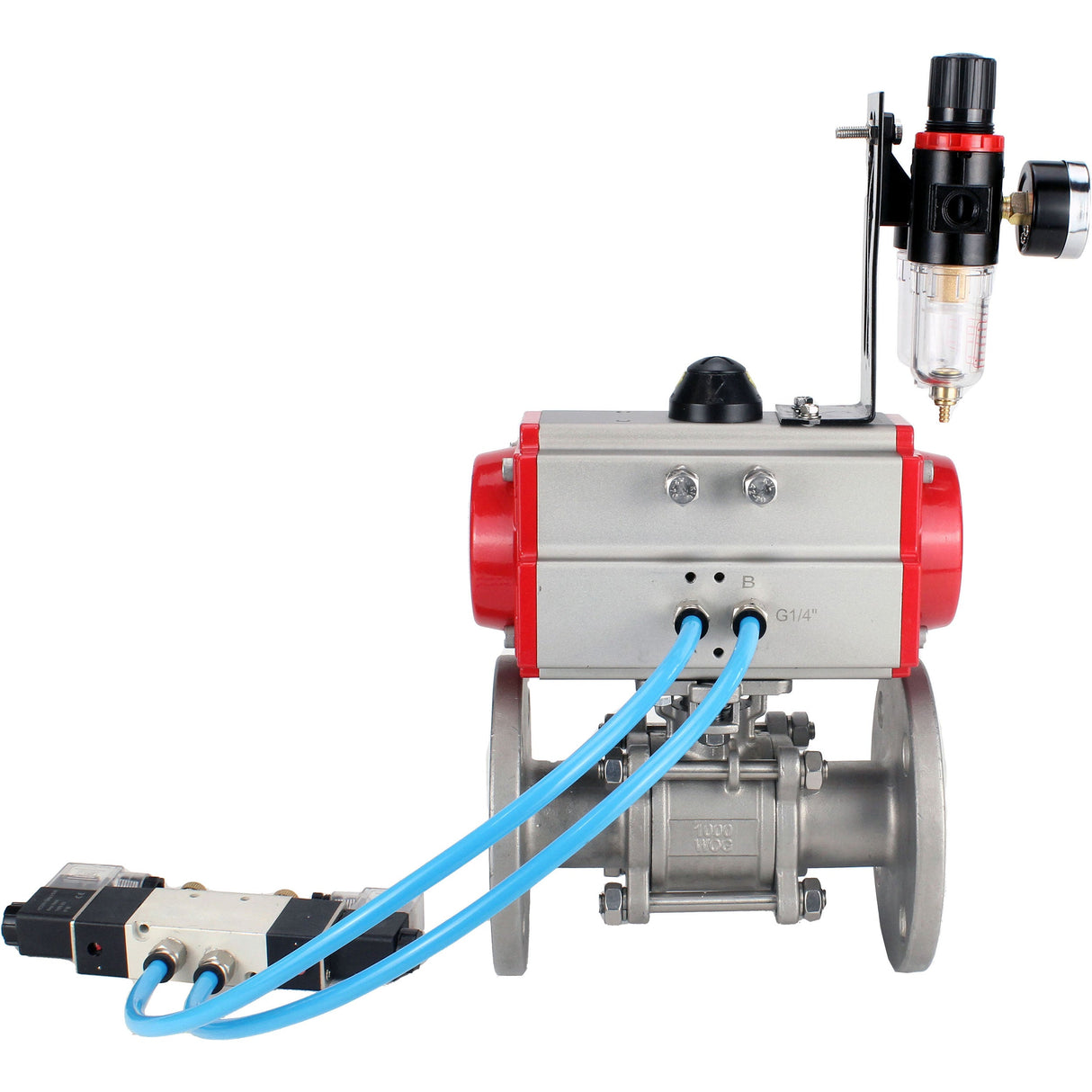 Ball valves Elephant BV3131P(3pc)-FP-F-ISO-H 16 bar, three-piece full bore flanged, stainless steel SS304, seal - PTFE, with pneumatic actuator PA-SA with return springs, with pneumatic distributor 4V320-08 220V, with GSV AFC2000