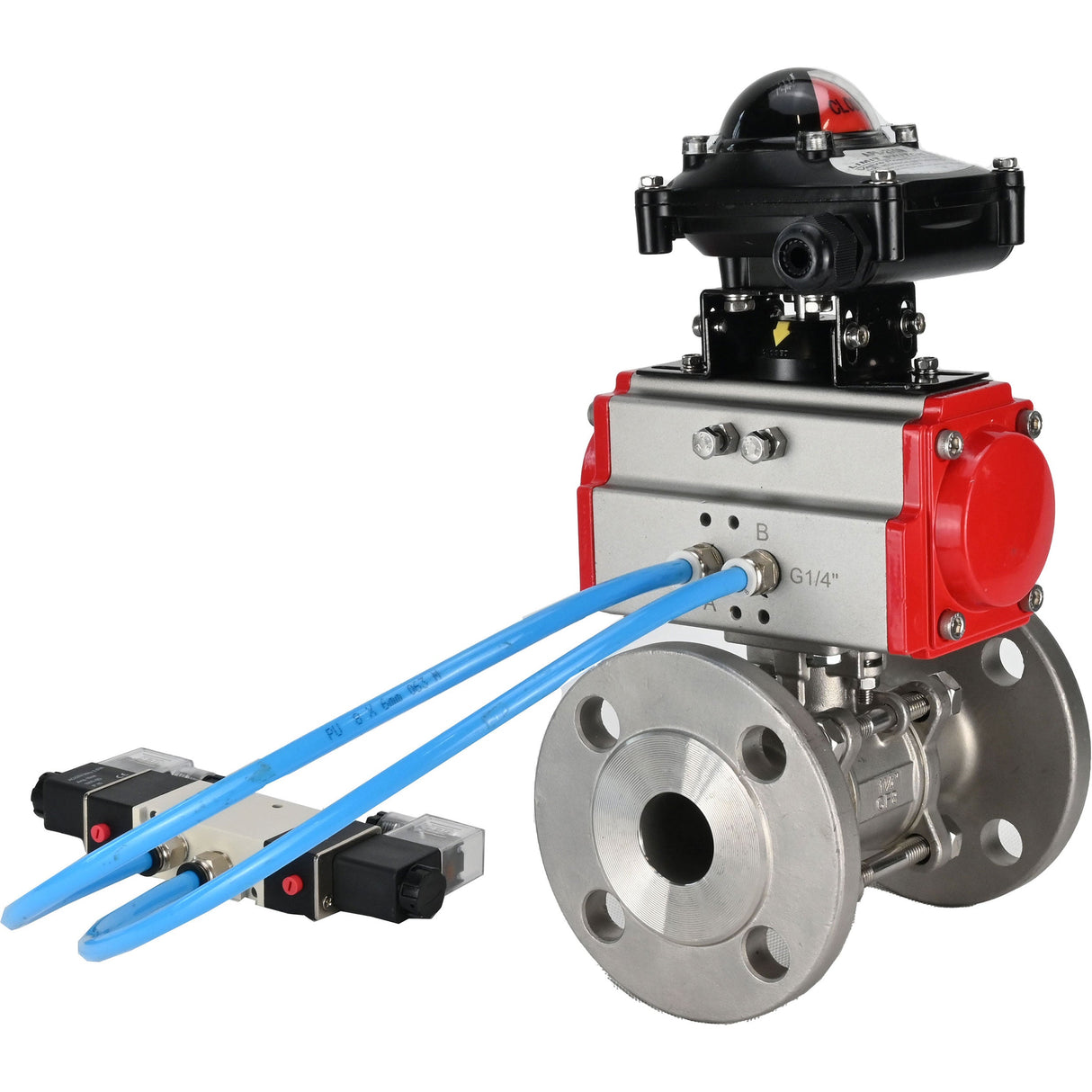 Ball valves Elephant BV3232P(3pc)-FP-F-ISO-H 16 bar, three-piece full bore flanged, stainless steel SS304, seal - PTFE, with double-acting PA-DA pneumatic actuator, with pneumatic distributor 4V320-08 220V, with LSU APL-210N