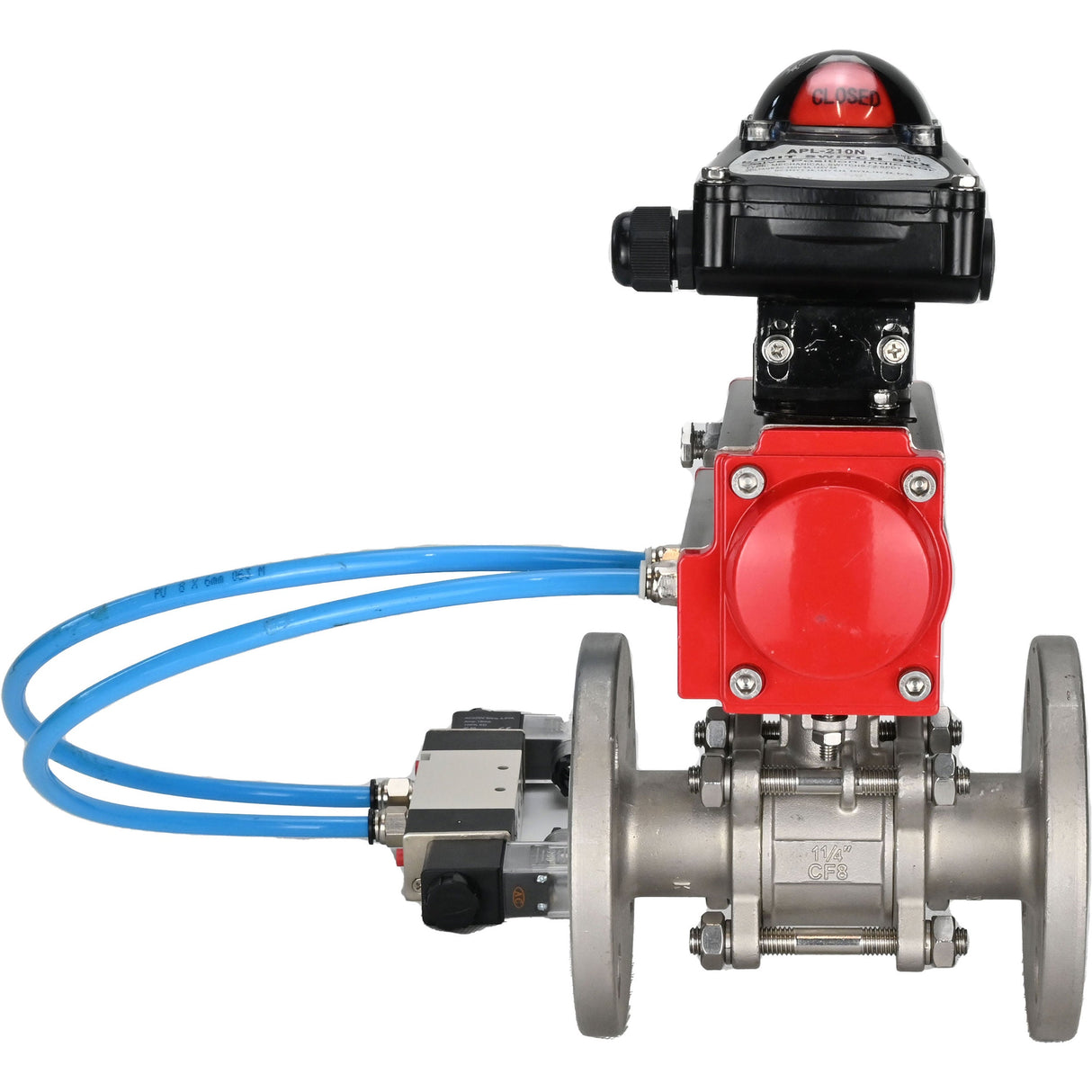 Ball valves Elephant BV3131P(3pc)-FP-F-ISO-H 16 bar, three-piece full bore flanged, stainless steel SS304, seal - PTFE, with pneumatic actuator PA-SA with return springs, with pneumatic distributor 4V320-10 220V, with LSU APL-210N