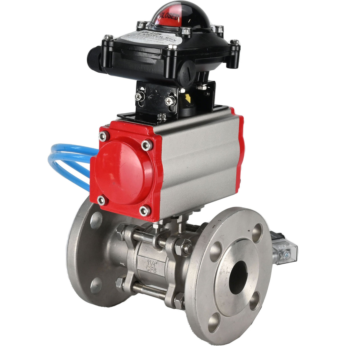 Ball valves Elephant BV3232P(3pc)-FP-F-ISO-H 16 bar, three-piece full bore flanged, stainless steel SS304, seal - PTFE, with double-acting PA-DA pneumatic actuator, with pneumatic distributor 4V320-08 220V, with LSU APL-210N