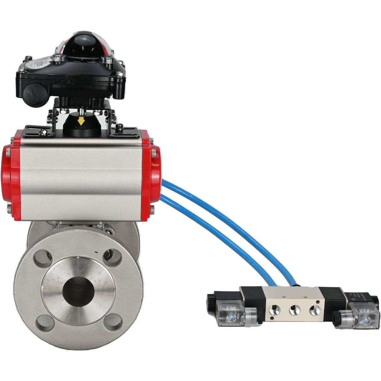 Ball valves Elephant BV3131P(3pc)-FP-F-ISO-H 16 bar, three-piece full bore flanged, stainless steel SS304, seal - PTFE, with pneumatic actuator PA-SA with return springs, with pneumatic distributor 4V320-08 220V, with LSU APL-210N