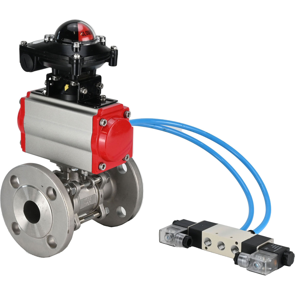 Ball valves Elephant BV3131P(3pc)-FP-F-ISO-H 16 bar, three-piece full bore flanged, stainless steel SS304, seal - PTFE, with pneumatic actuator PA-SA with return springs, with pneumatic distributor 4V320-10 220V, with LSU APL-210N