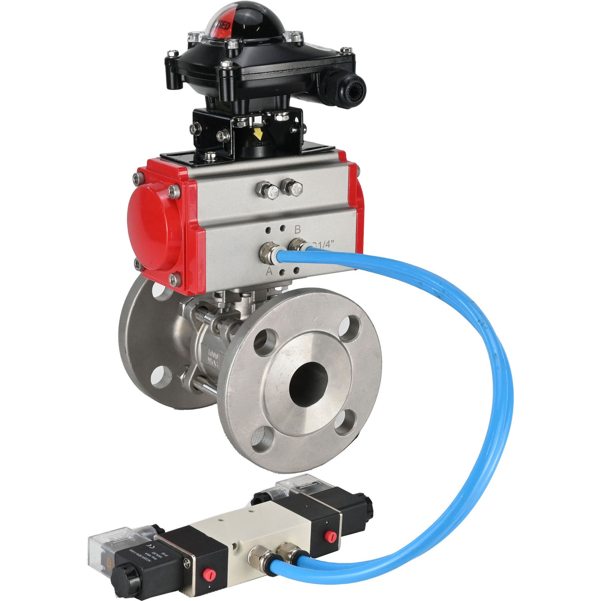 Ball valves Elephant BV3131P(3pc)-FP-F-ISO-H 16 bar, three-piece full bore flanged, stainless steel SS304, seal - PTFE, with double-acting PA-DA pneumatic actuator, with pneumatic distributor 4V320-08 220V, with LSU APL-210N