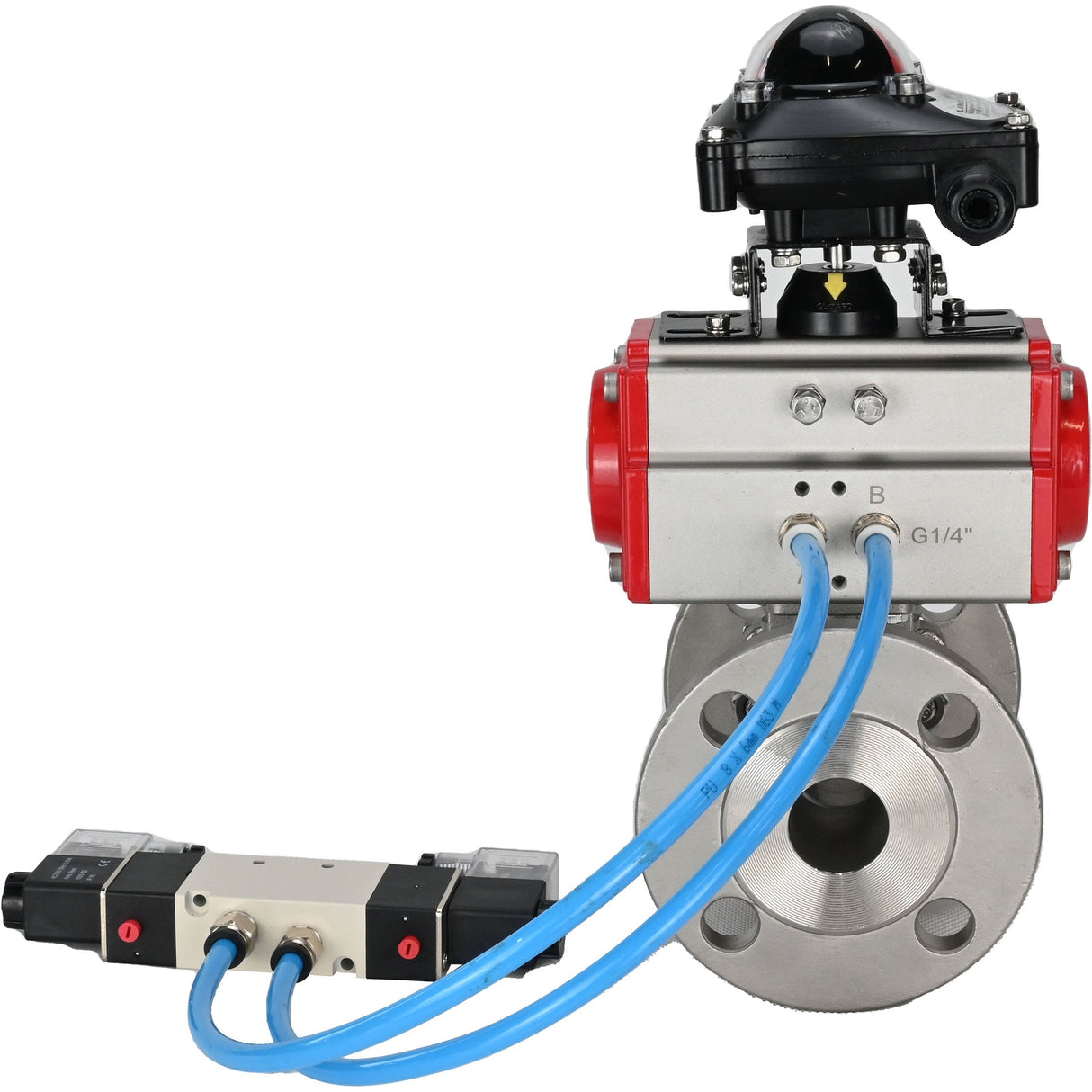 Ball valves Elephant BV3131P(3pc)-FP-F-ISO-H 16 bar, three-piece full bore flanged, stainless steel SS304, seal - PTFE, with pneumatic actuator PA-SA with return springs, with pneumatic distributor 4V320-10 220V, with LSU APL-210N