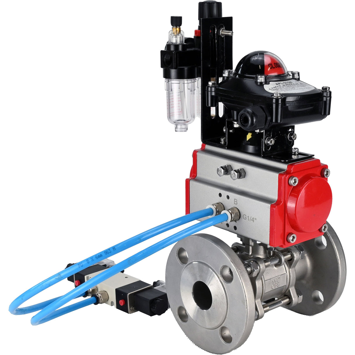 Ball valves Elephant BV3131P(3pc)-FP-F-ISO-H 16 bar, three-piece full bore flanged, stainless steel SS304, PTFE, with pneumatic actuator PA-SA with return springs, with pneumatic distributor 4V320-08 220V, with LSU APL -210N, with ATU AFC2000