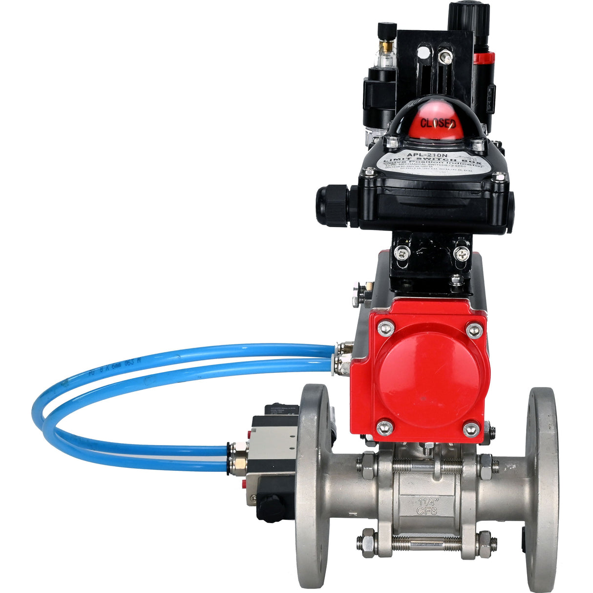 Ball valves Elephant BV3131P(3pc)-FP-F-ISO-H 16 bar, three-piece full bore flanged, stainless steel SS304, PTFE, with pneumatic actuator PA-SA with return springs, with pneumatic distributor 4V320-08 220V, with LSU APL -210N, with ATU AFC2000