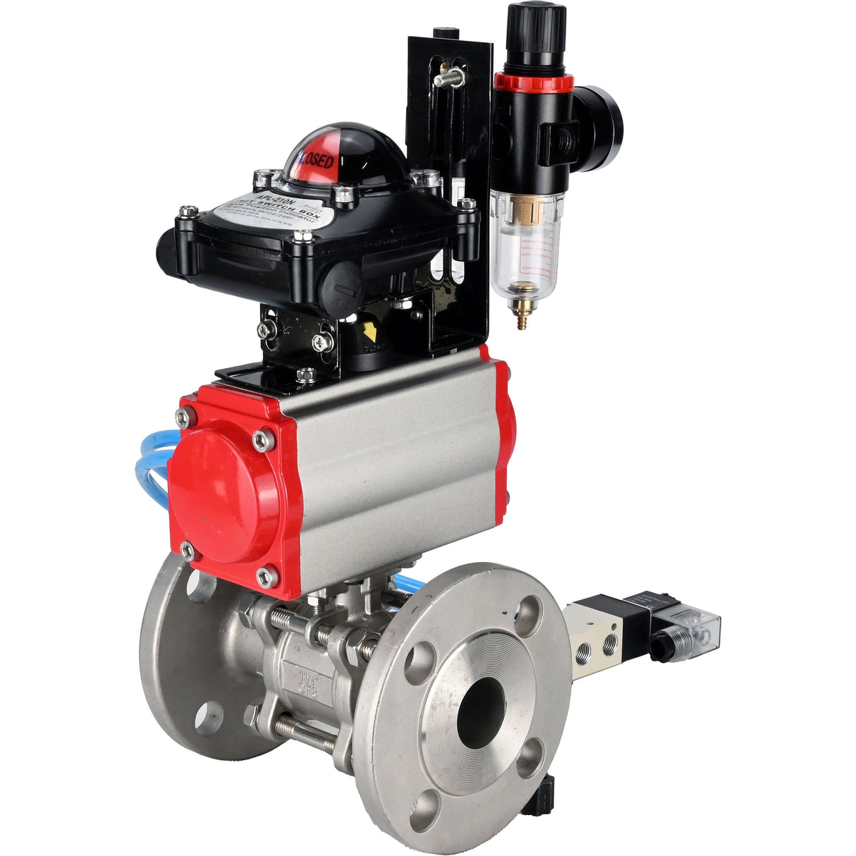 Ball valves Elephant BV3131P(3pc)-FP-F-ISO-H 16 bar, three-piece full bore flanged, stainless steel SS304, seal - PTFE, with double-acting PA-DA pneumatic actuator, with pneumatic distributor 4V320-08 220V, with LSU APL-210N, with ATU AFC2000