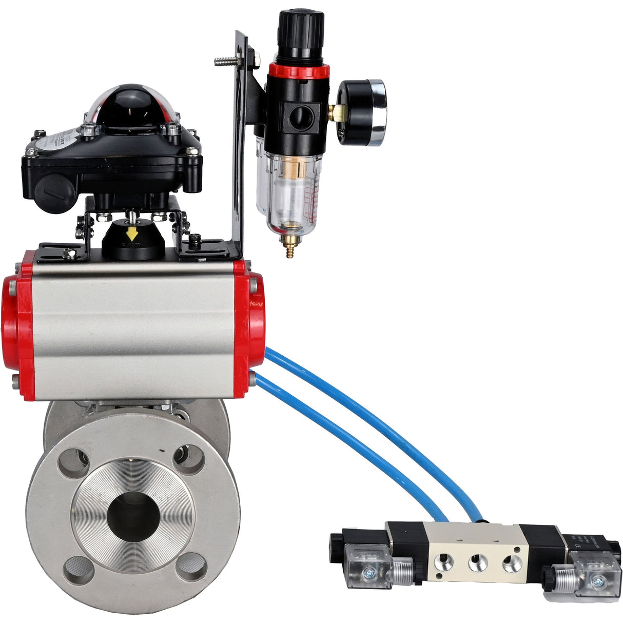Ball valves Elephant BV3232P(3pc)-FP-F-ISO-H 16 bar, three-piece full bore flanged, stainless steel SS304, PTFE, with pneumatic actuator PA-SA with return springs, with pneumatic distributor 4V320-08 220V, with LSU APL -210N, with ATU AFC2000
