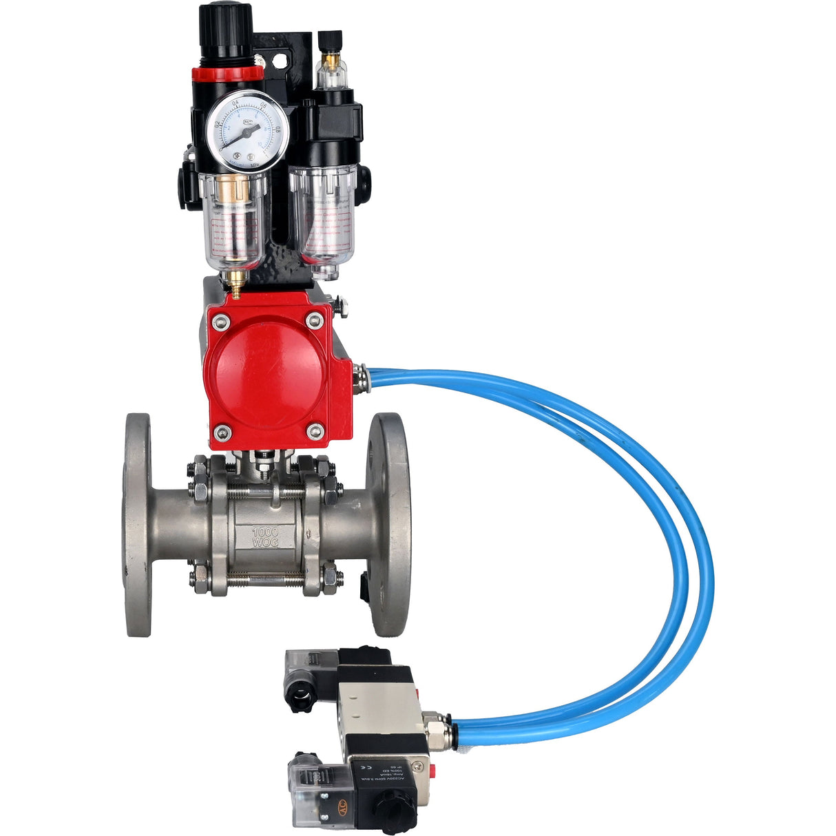 Ball valves Elephant BV3131P(3pc)-FP-F-ISO-H 16 bar, three-piece full bore flanged, stainless steel SS304, PTFE, with pneumatic actuator PA-SA with return springs, with pneumatic distributor 4V320-10 220V, with LSU APL -210N, with ATU AFC2000