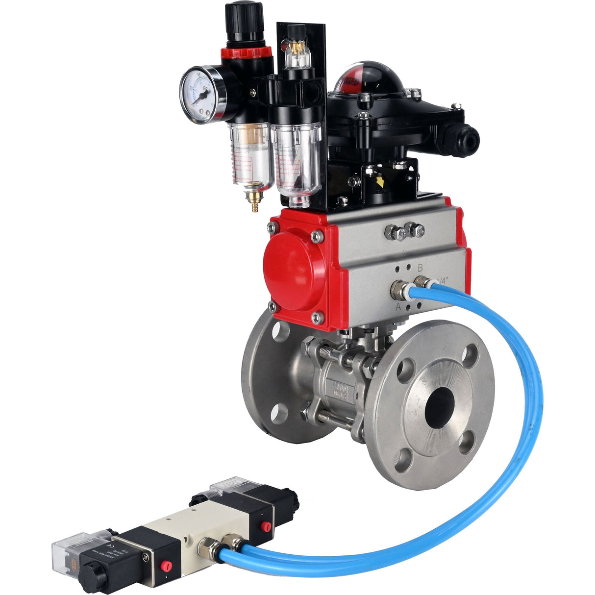 Ball valves Elephant BV3131P(3pc)-FP-F-ISO-H 16 bar, three-piece full bore flanged, stainless steel SS304, PTFE, with pneumatic actuator PA-SA with return springs, with pneumatic distributor 4V320-08 220V, with LSU APL -210N, with ATU AFC2000