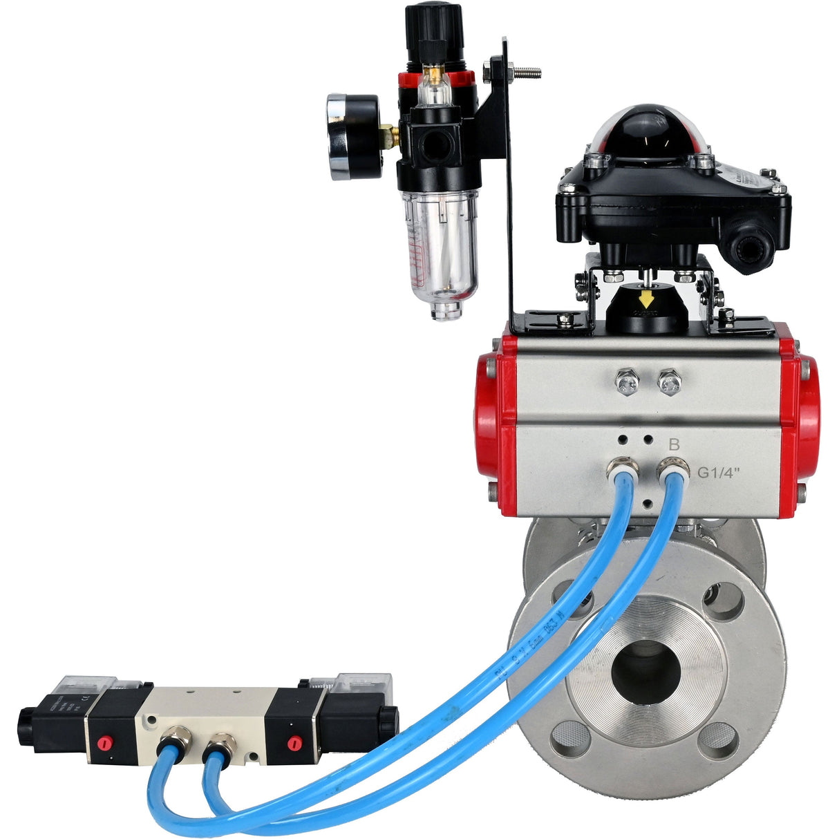 Ball valves Elephant BV3131P(3pc)-FP-F-ISO-H 16 bar, three-piece full bore flanged, stainless steel SS304, PTFE, with pneumatic actuator PA-SA with return springs, with pneumatic distributor 4V320-08 220V, with LSU APL -210N, with ATU AFC2000